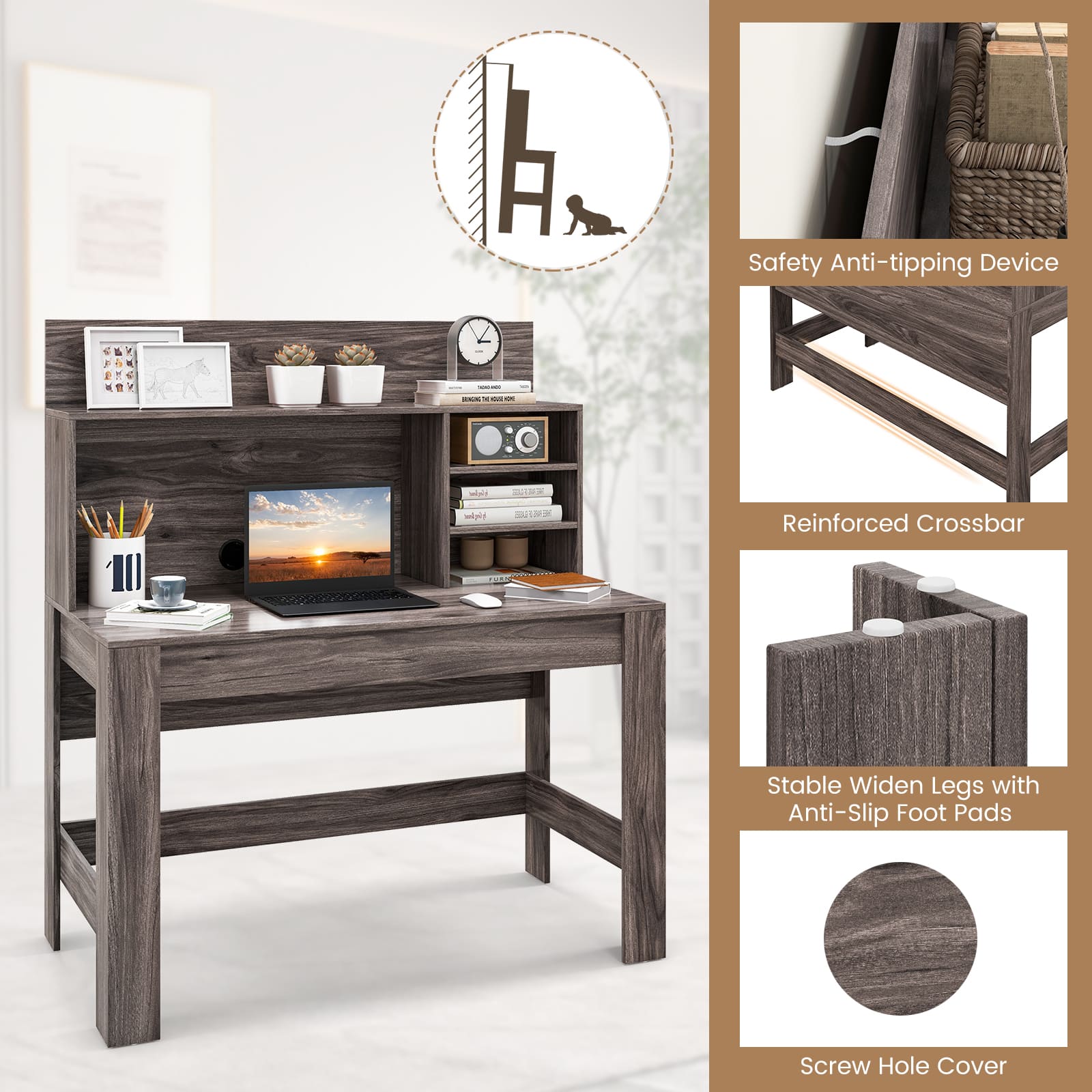 The text on the image is grouped and corrected as follows:
1. Safety Anti Anti-tipping Device: This device is designed to prevent accidents and ensure the stability of the desk.
2. Reinforced Crossbar: This feature provides additional support and stability to the desk.
3. Stable Widen Legs with Anti-Slip Foot Pads: These legs provide a stable base and prevent the desk from slipping on the floor.
4. Screw Hole Cover: This cover protects the screw holes in the desk and adds a clean, professional appearance.