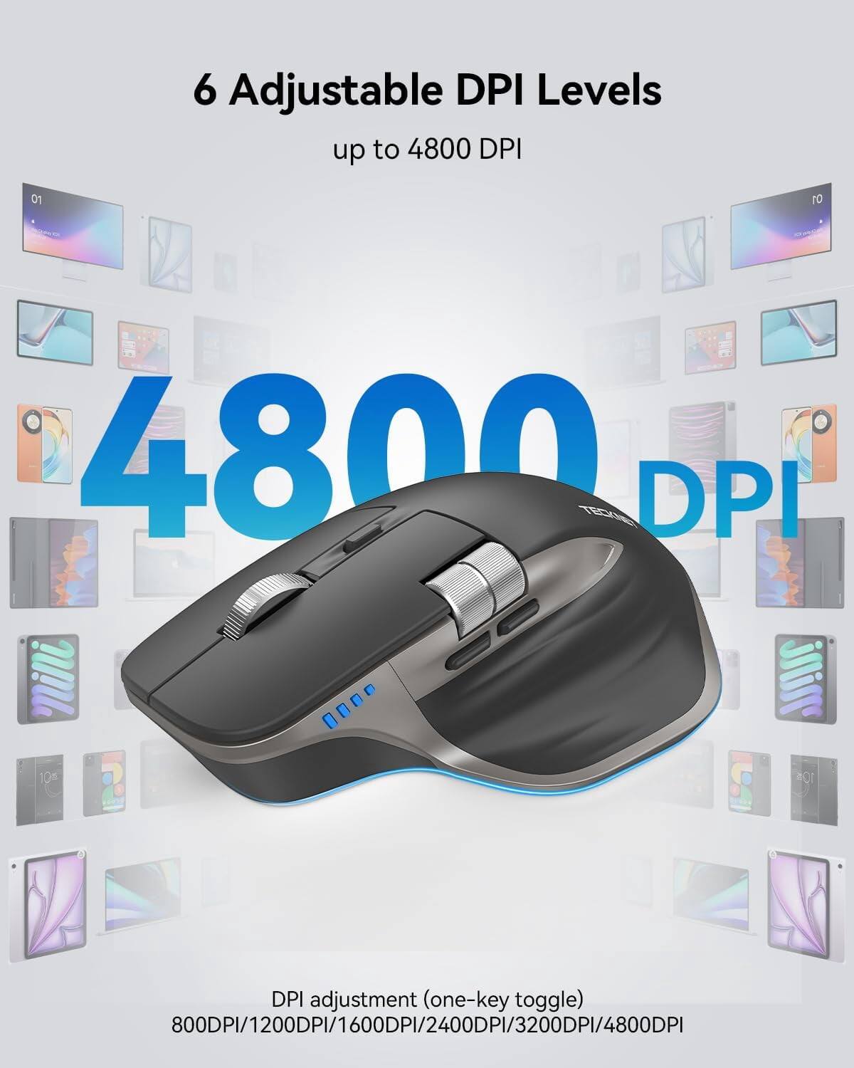 6 Adjustable DPI Levels up to 4800 DPI

01
01
ACTIONAL 4800 TECKNET DPI
10th
7
....
S
10%
DPI adjustment (one-key toggle) 800DPI/1200DPI/1600DPI/2400DPI/3200DPI/4800DPI