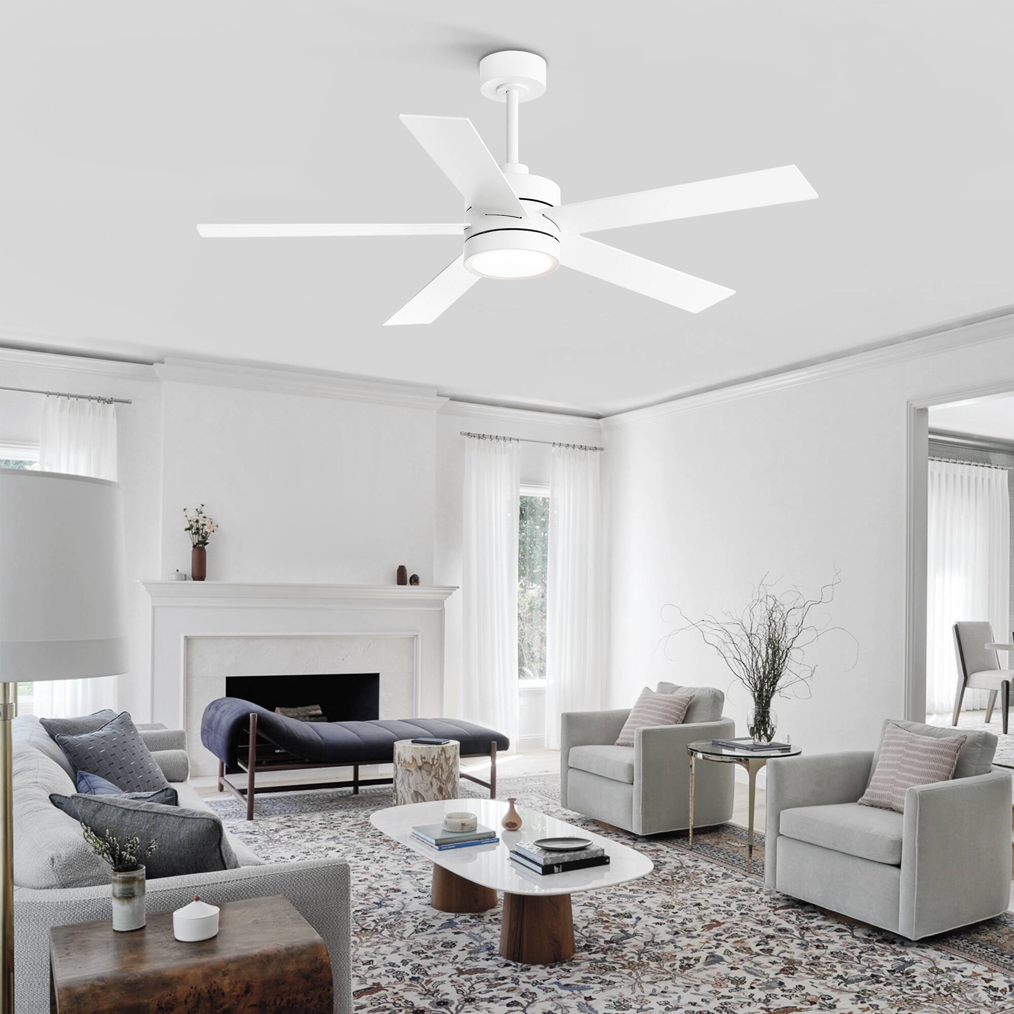 Alt View 2. Breezary - 52-In Indoor Ceiling Fan with Led Light, 5 Plywood Blades, 6-Speed DC Motor, Remote, Timer with Memory, 5/10'' Downrods - White.