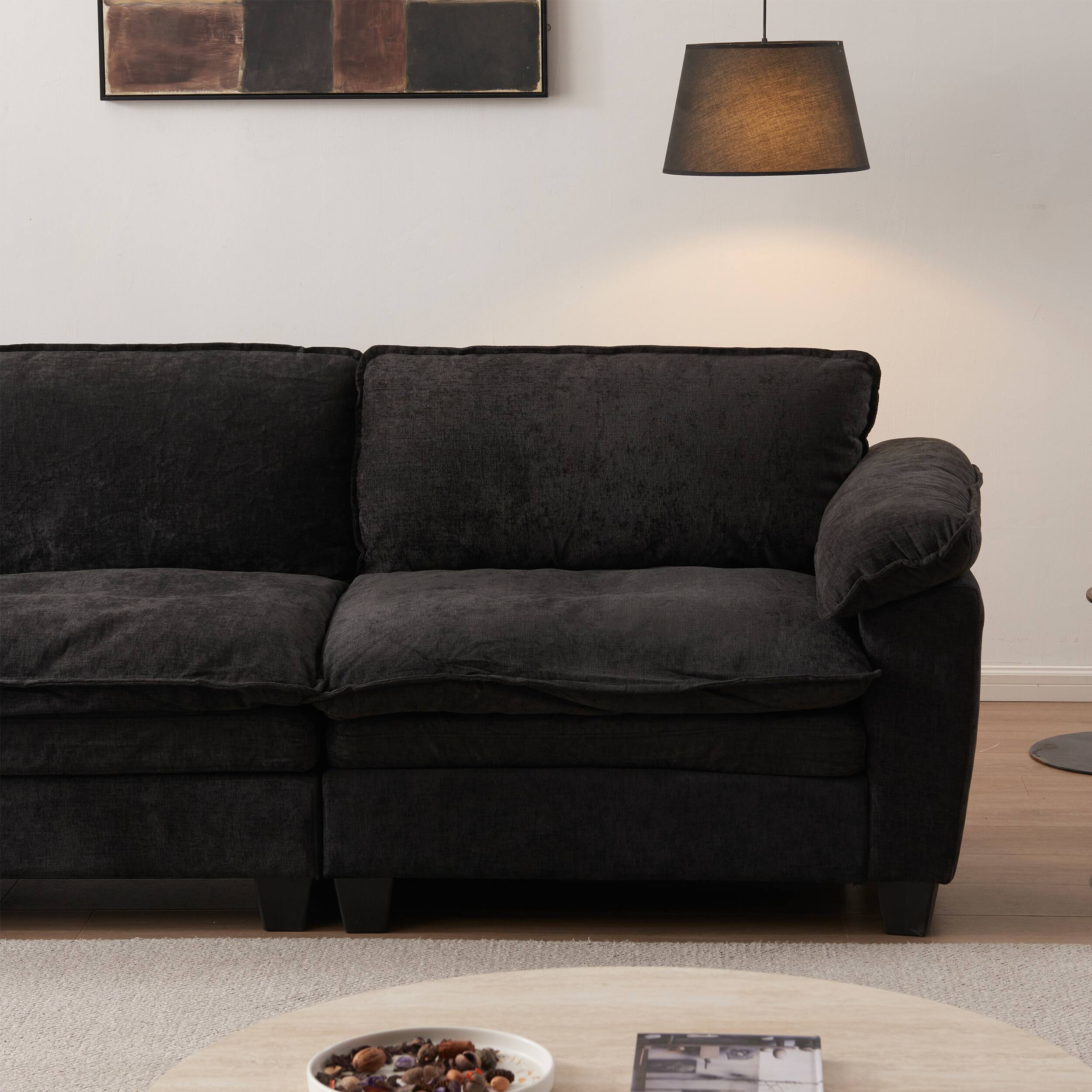 Alt View 2. Roomtec - Living Room Furniture Sofa Luxury Couch with Ottoman Soft Chenille Upholstered L Shape Sofa Black - Black.