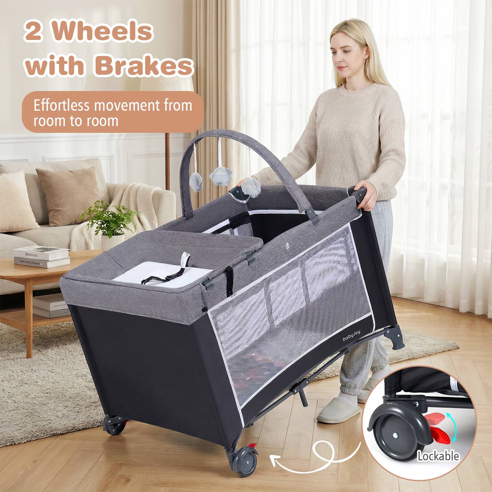 2 Wheels with Brakes  
Effortless movement from room to room  
Lockable