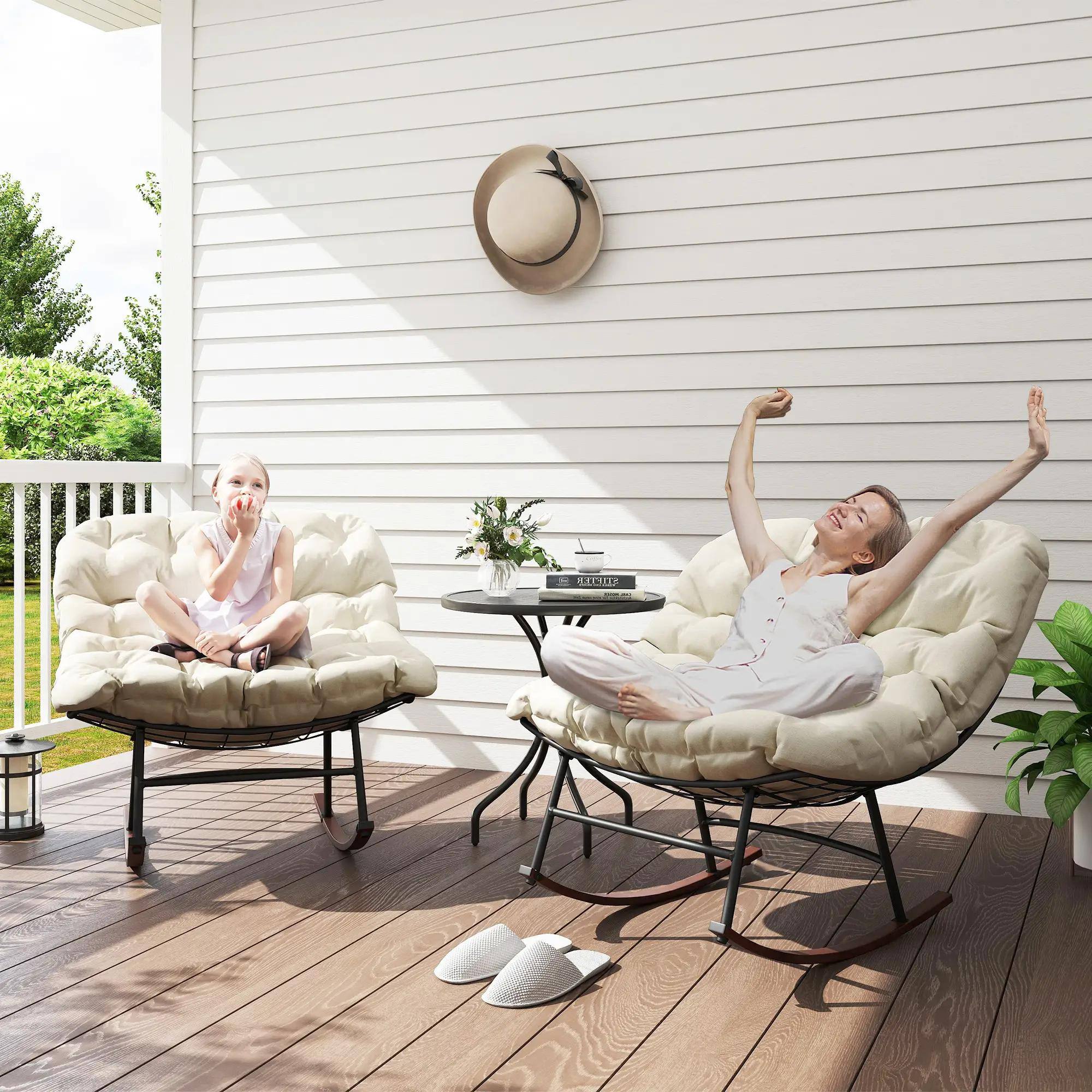 Alt View 7. Resenkos - Resenkos Oversized Rocking Chairs Set of 2, Beige Garden Porch Papasan Chairs with Comfortable Cushions, Beige - Beige.