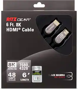 Ritz Gear - 8K HDMI 2.1 Cable 6 ft 48 Gbps Braided Nylon Cord & Gold Connectors - 10K/8K@60Hz UHD/4K@120Hz/1080P Compatible - Black