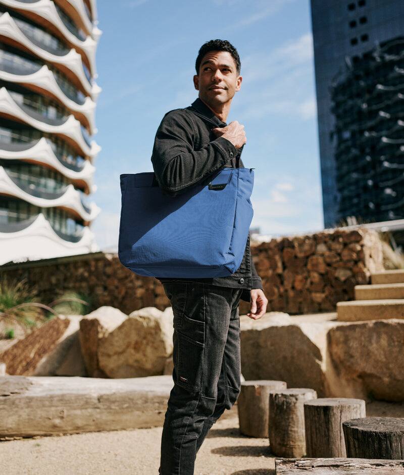 Alt View 4. ALPAKA - Metro Tote Laptop Tote Bag for Work, Work Tote Fits 16" MacBook Pro, Side Bottle Pocket, Weather-Resistant, Key Tether - Blue Axoflux 210D.