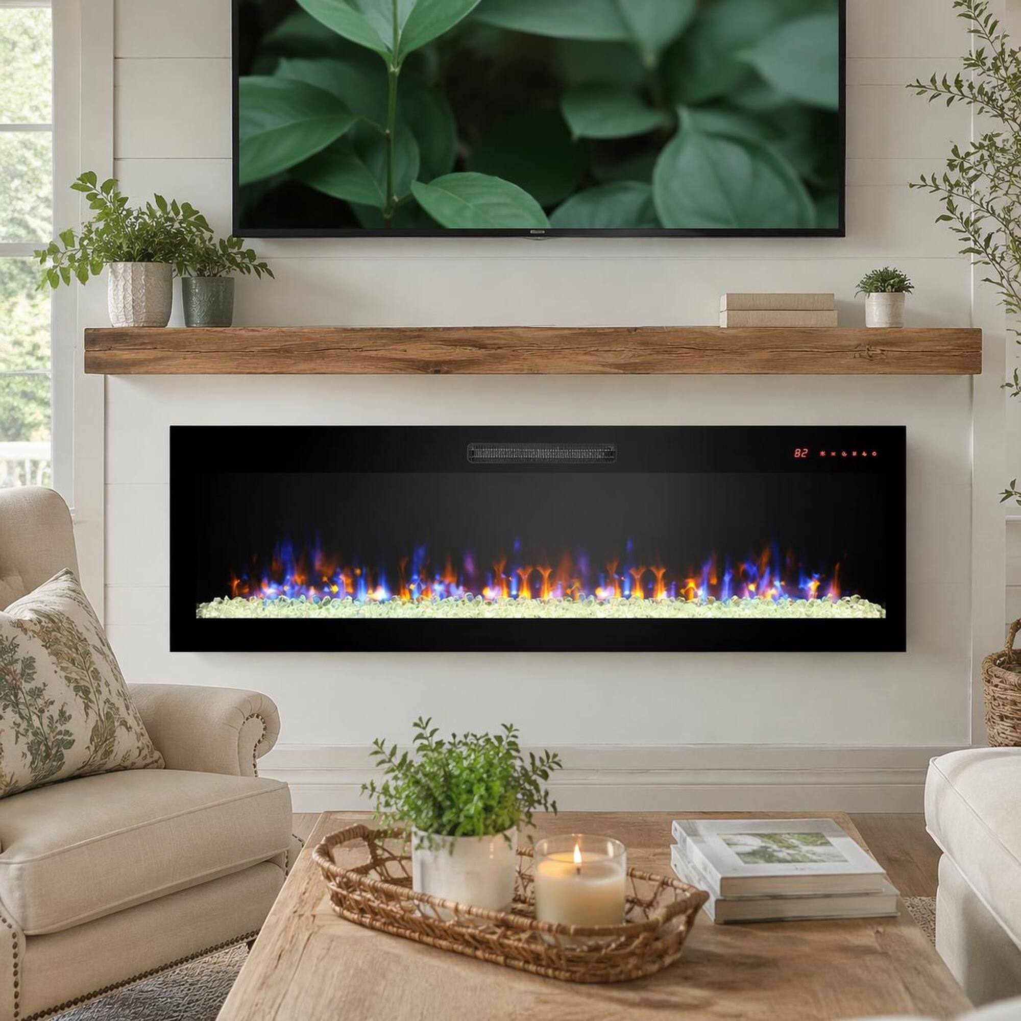 Angle. RYHNUYNE - 50 Inch Recessed Ultra Thin Tempered Glass Front Wall Mounted Electric Fireplace with Remote & Multi-Color Flame - Antique Black.