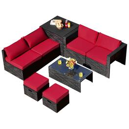 Costway - 8PCS Patio Rattan Furniture Set Storage Table Ottoman cover - Red