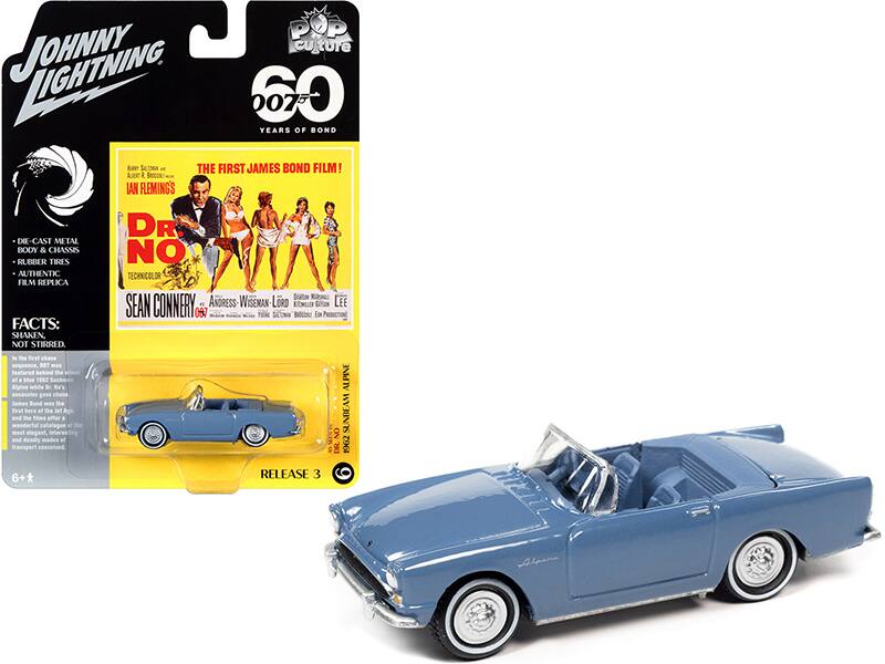 **JOHNNY LIGHTNING**

**60 YEARS OF BOND**

**THE FIRST JAMES BOND FILM!**

**DR. NO**

- DIE-CAST METAL BODY & CHASSIS
- RUBBER TIRES
- AUTHENTIC FILM REPLICA

**FACTS: SHAKEN, NOT STIRRED**

In the first chase sequence, 007 was in a Sunbeam Alpine 1962. The Alpine was the first car James Bond drove in the film. The Alpine was the most elegant, luxurious, and deadly made of transport conceived.

**SEAN CONNERY**

**ANDRESS - WISEMAN - LEE**

**TECHNICOLOR**

**RELEASE 3**

**6+**