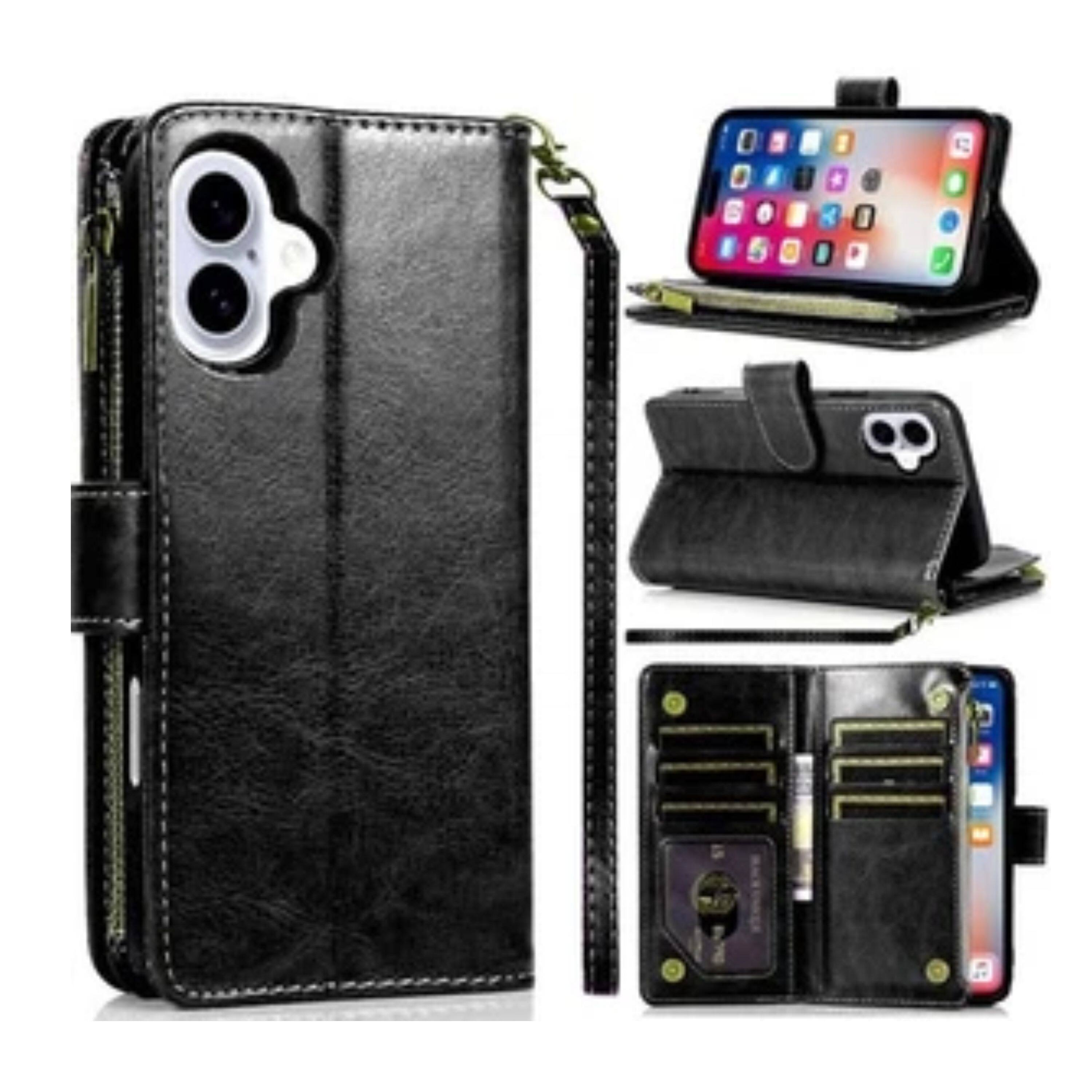 Left. Kitcheniva - PU Leather Phone Wallet Zipper With Tempered Glass For iPhone 16 6.1" Black - Black.