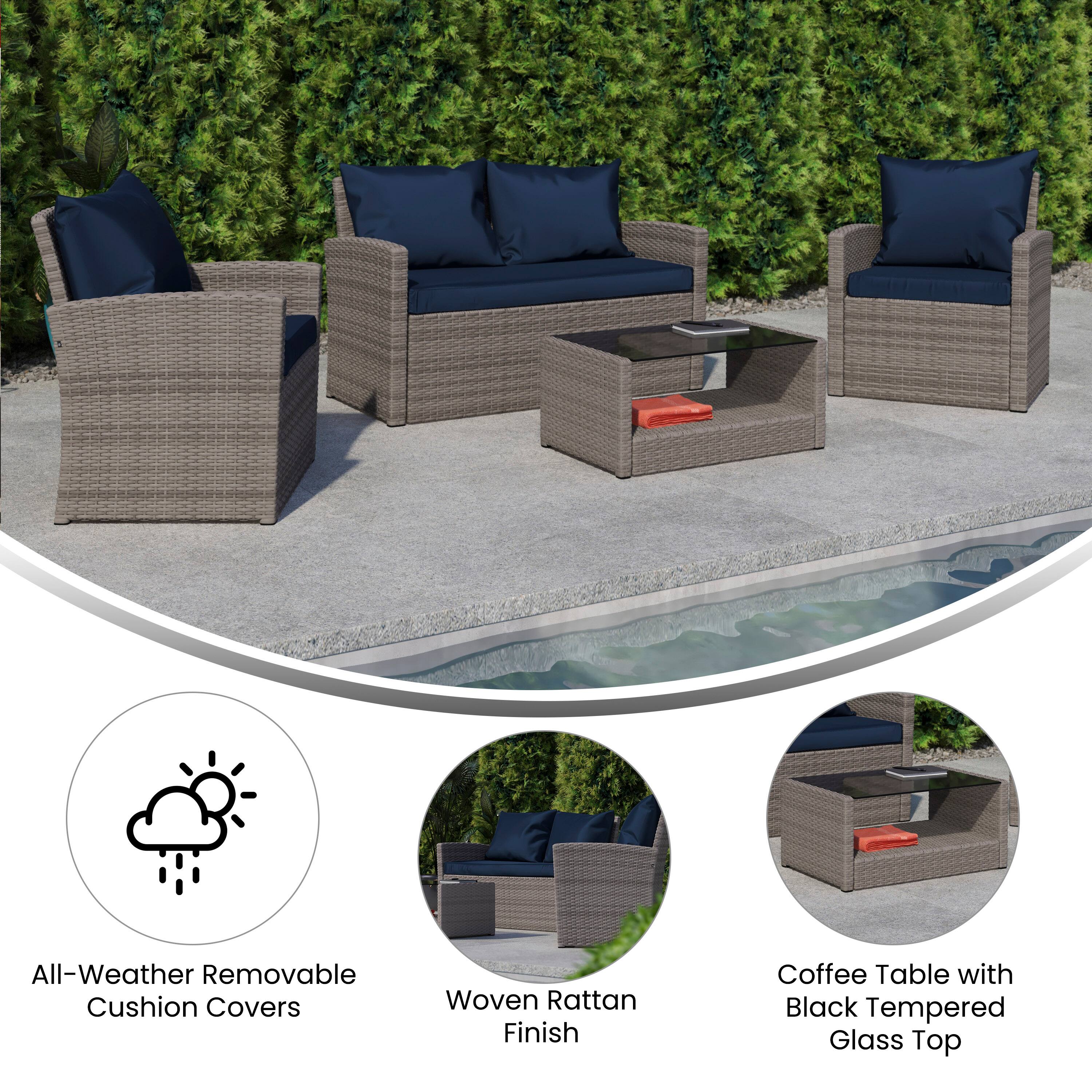 All-Weather Removable Cushion Covers  
Woven Rattan Finish  
Coffee Table with Black Tempered Glass Top