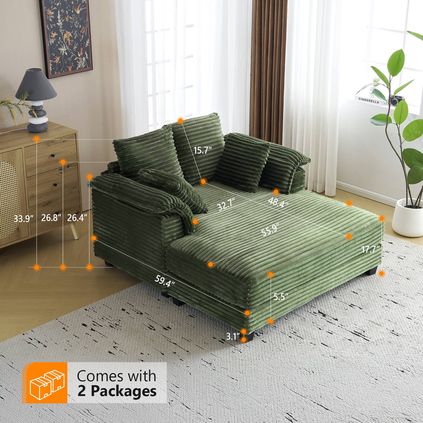 CINDERELLA LINNE  
15.7" 33.9" 26.8" 26.4" 32.7" 48.4" 55.9" 17.7" 59.4" 5.5" 3.1"  
Comes with 2 Packages