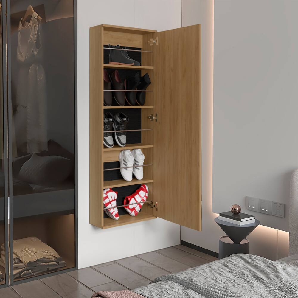 Alt View 1. Loheer - Loheer wall mounted shoe rack with mirror natural oak shoe cabinet single door - Oak.