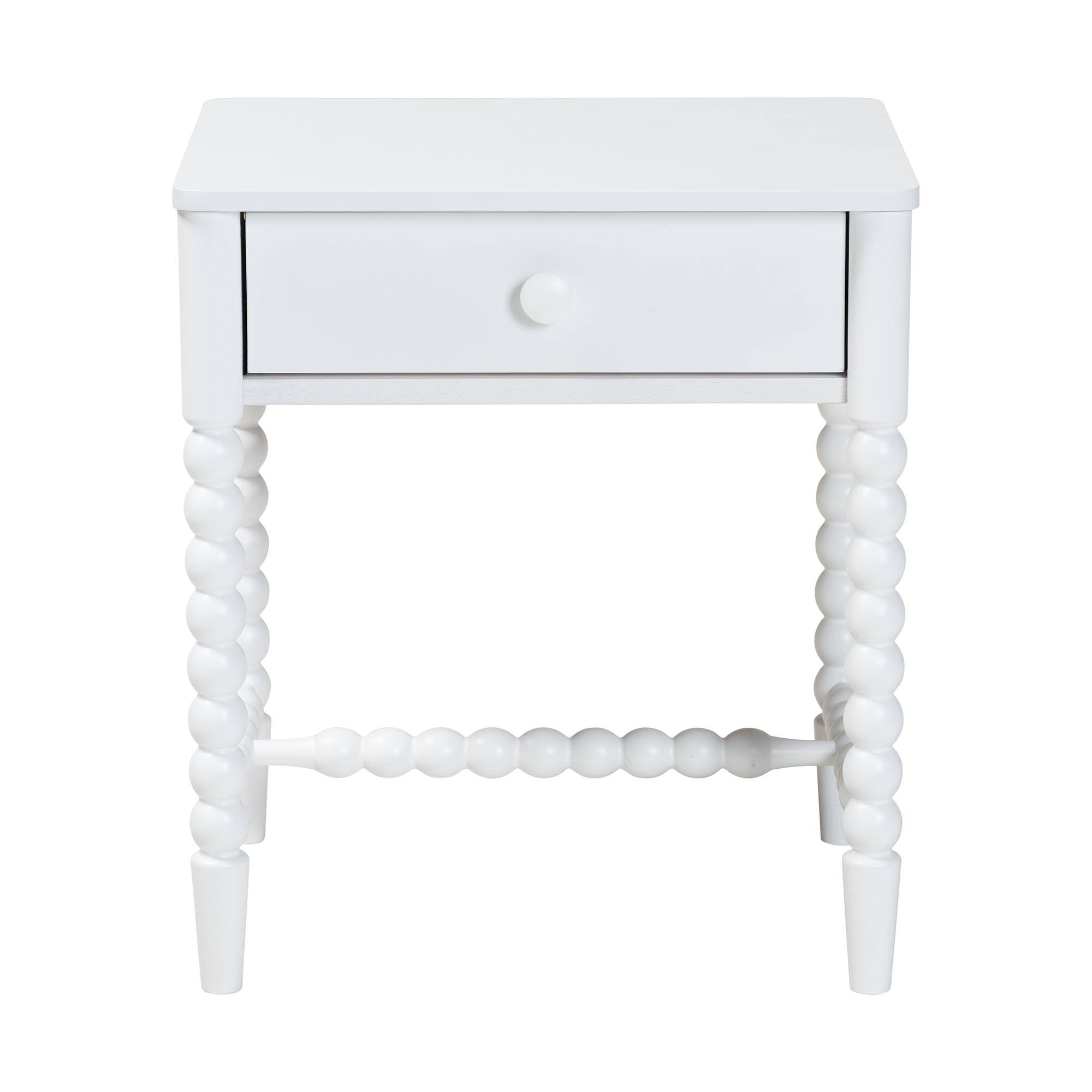 Left. Baxton Studio - Brantley Spindle Nightstand - 1-Drawer Bedside Table with Beaded Frame and Open Base for Bedroom - White.