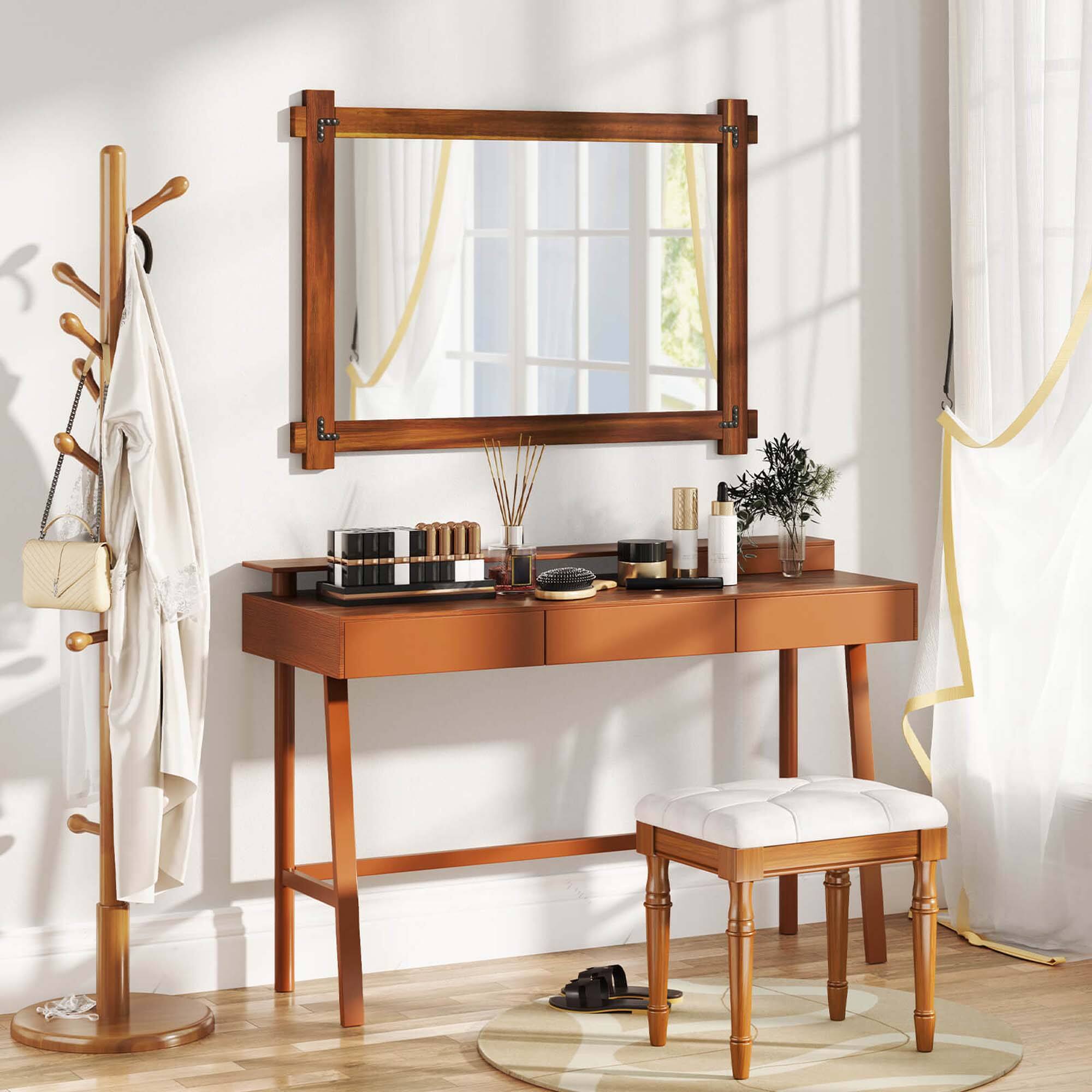 Alt View 3. Costway - Costway 40 x 28.5 Inch Shatterproof Wall Mirror with Acacia Wood Frame & Vintage Rivet Design - Rustic Brown.