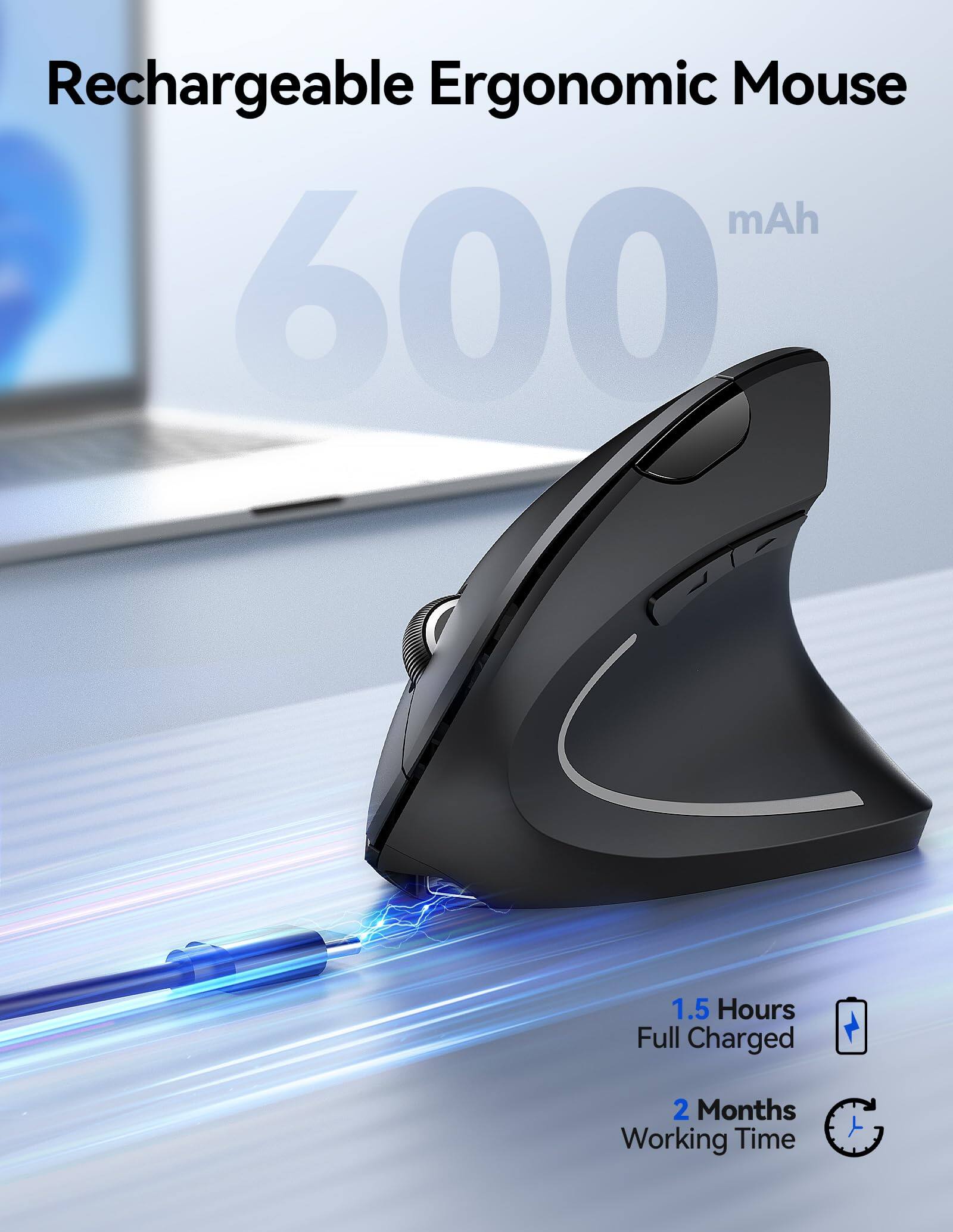 Rechargeable Ergonomic Mouse  
600 mAh  
1.5 Hours Full Charged  
2 Months Working Time