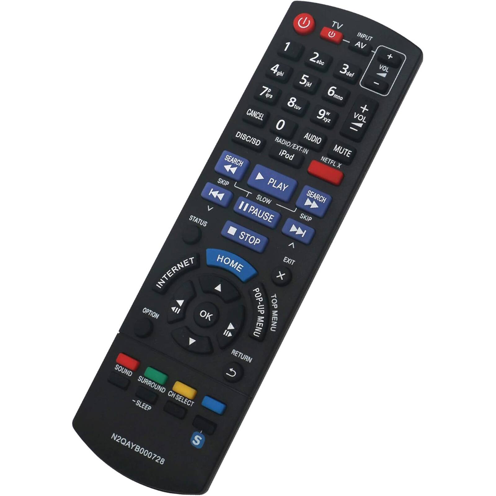 TV C INPUT - 1 AV 2 abc 3 def 4 ghi 5 jkl 6 mno 7 pqrs 8 tuv 9 wxyz 0 DISC/SD AUDIO RADIO/EXT-IN iPod EXT-IN MUTE SEARCH NETFLIX SKIP PLAY SLOW SEARCH I STATUS PAUSE SKIP STOP ^ HOME EXIT INTERNET x OPTION 411 OK POP-UP TOP MENU MENU RETURN SOUND SURROUND -SLEEP CH SELECT S N2QAYB000728