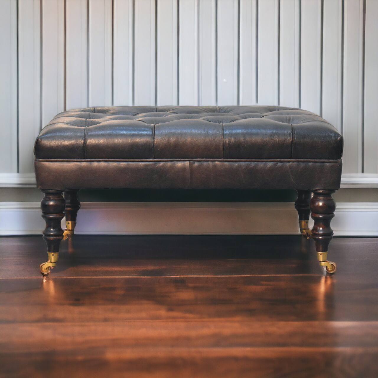 Alt View 8. Artisan Furniture - Artisan Furniture Solid Wood Buffalo Ash Black Leather Ottoman with Castor Legs, Upholstered, Black - Black.