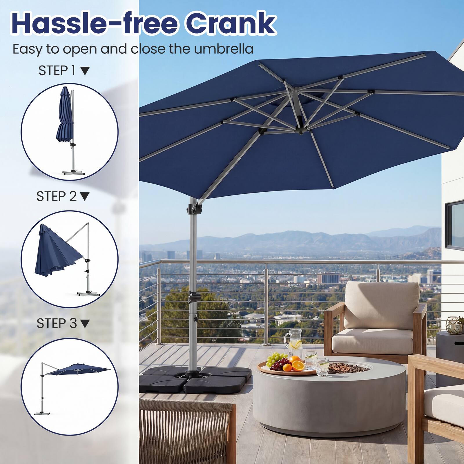 Hassle-free Crank  
Easy to open and close the umbrella  
STEP 1  
STEP 2  
STEP 3