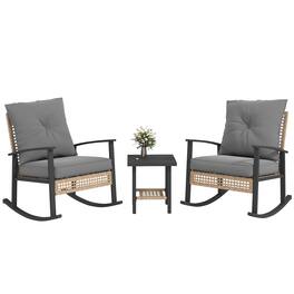 Outsunny - 3 Pieces Rocking Wicker Outdoor Bistro Set, Rattan Patio Furniture Set with Coffee Table and Porch Chairs - Gray
