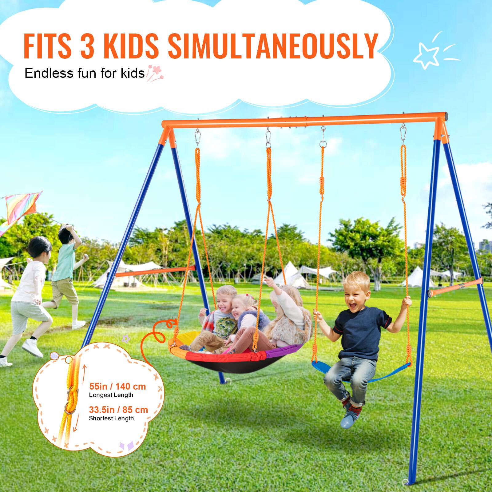 FITS 3 KIDS SIMULTANEOUSLY
Endless fun for kids
55in / 140 cm Longest Length
33.5in / 85 cm Shortest Length