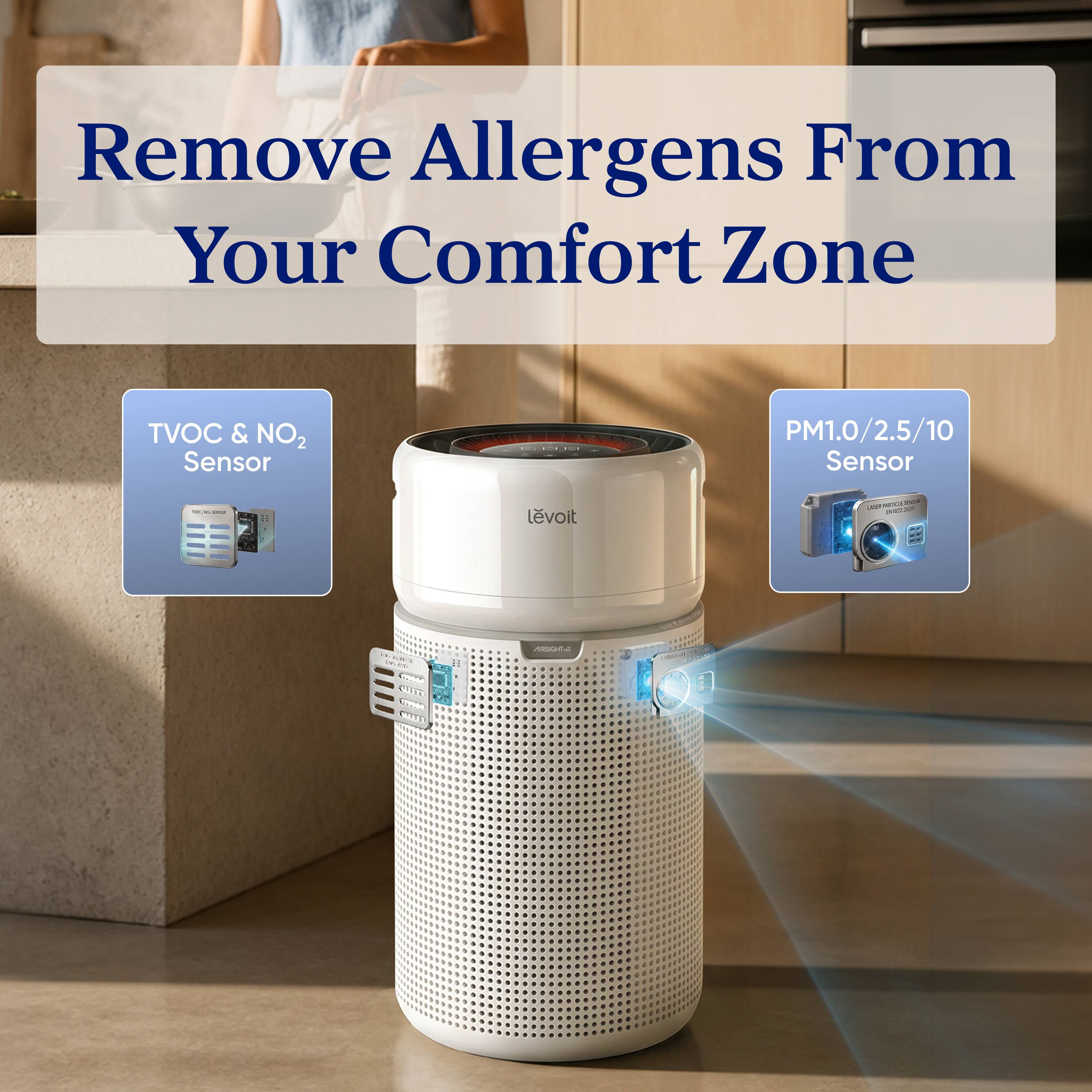 Remove Allergens From Your Comfort Zone

TVOC & NO2 Sensor

PM1.0/2.5/10 Sensor

levoit

()() socce INTERNATION

29044 WITH

adianve