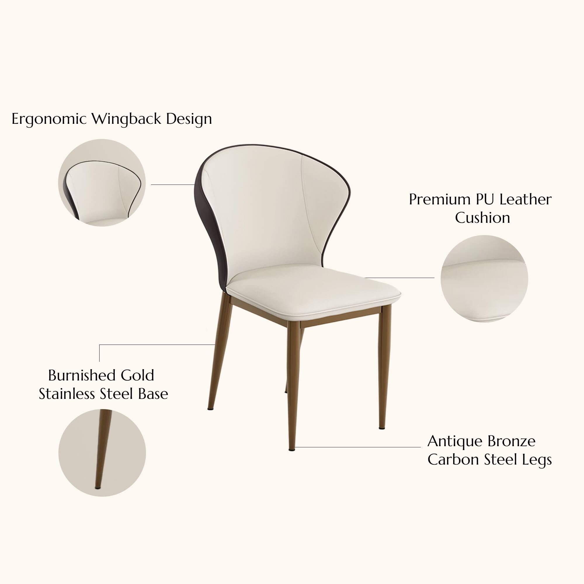 Ergonomic Wingback Design  
Premium PU Leather Cushion  
Burnished Gold Stainless Steel Base  
Antique Bronze Carbon Steel Legs