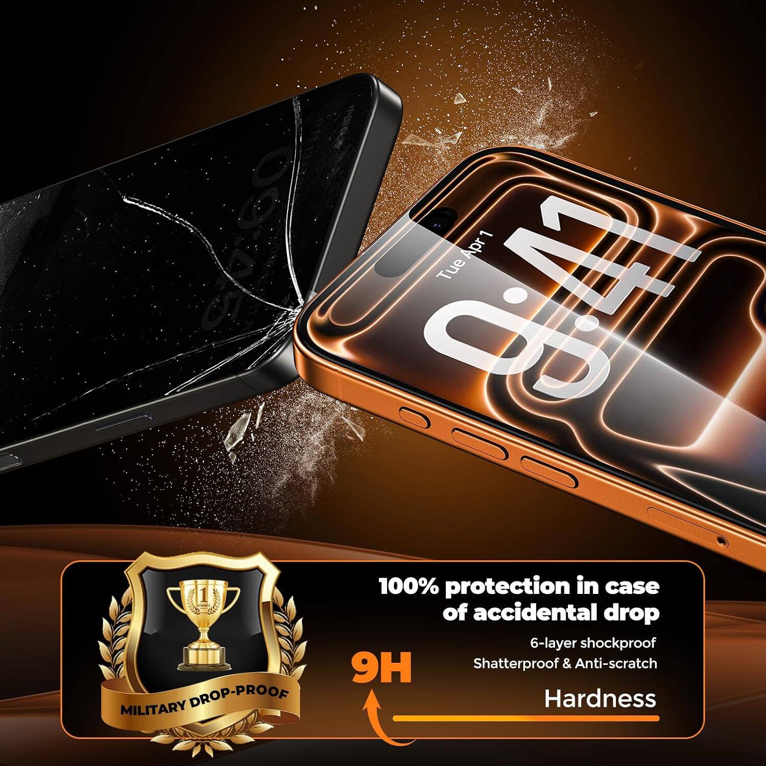 COVE 1 Apr Tue 9:41  
100% protection in case of accidental drop  
6-layer shockproof  
9H Shatterproof & Anti-scratch  
MILITARY DROP-PROOF  
Hardness