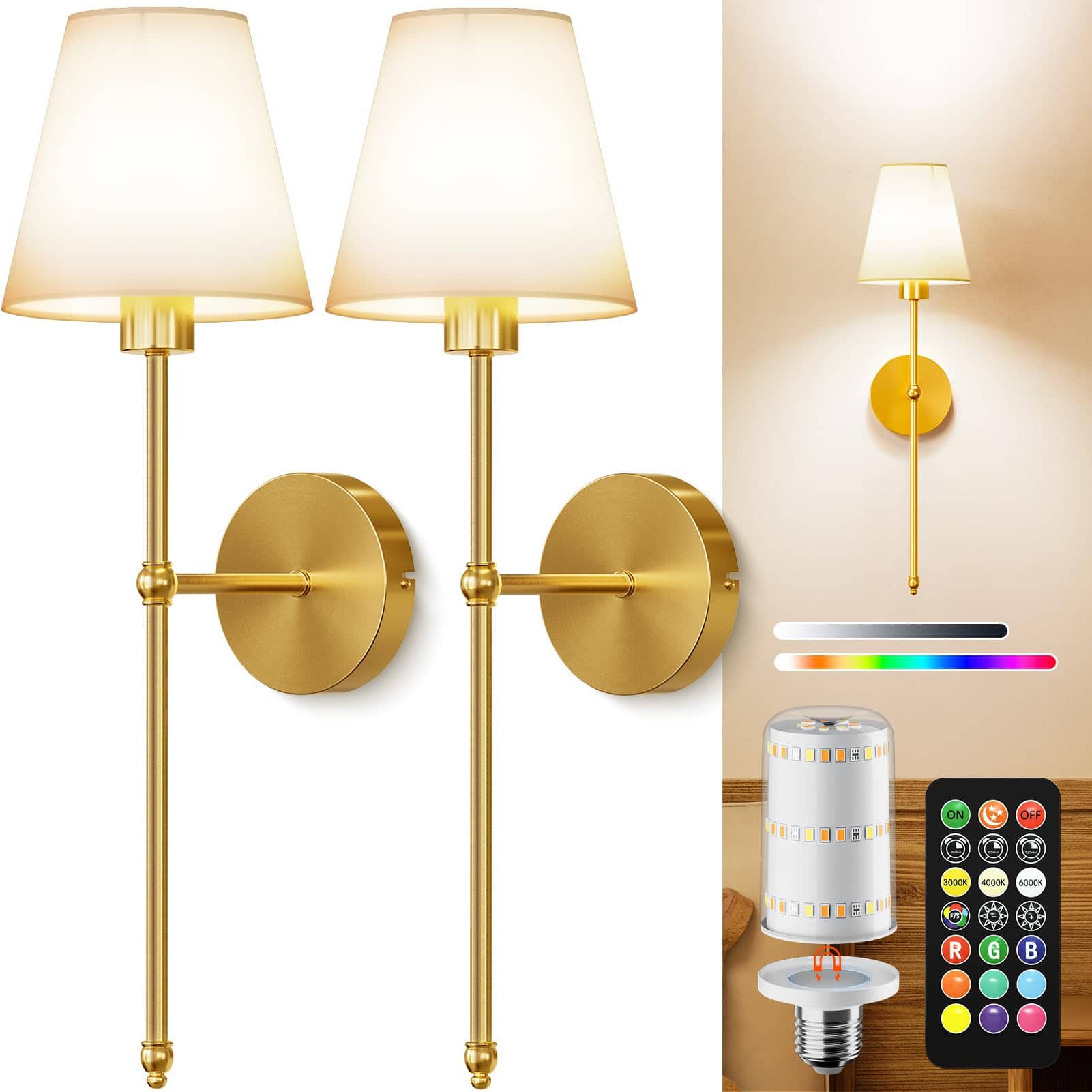 HM 1810 - Operated Wall Sconces Set Of mah Rechargeable Wireless Lights With Remote Rgb Colors Light Temperatures M - 2Pack-24 in