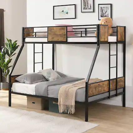 Front. Trinkets Crazed - Twin Over Full Metal Bunk Bed, Metal Bed with 2 Ladders and Full-Length Guardrail, No Box Spring Needed - Black.