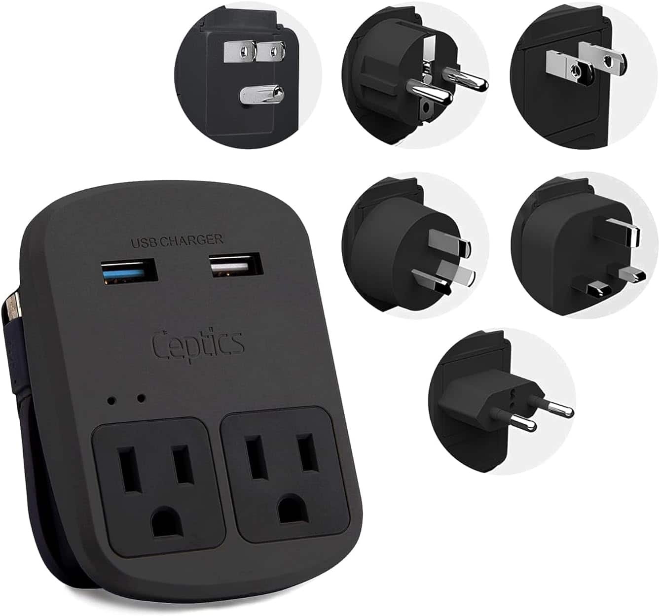 Ceptics - World Travel Adapter Kit – Dual USB QC 3.0, Dual US Outlets, Surge Protection, Plugs for EU/UK/AU/JP – ETL Safe - Black