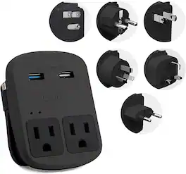 Ceptics - World Travel Adapter Kit – Dual USB QC 3.0, Dual US Outlets, Surge Protection, Plugs for EU/UK/AU/JP – ETL Safe - Black