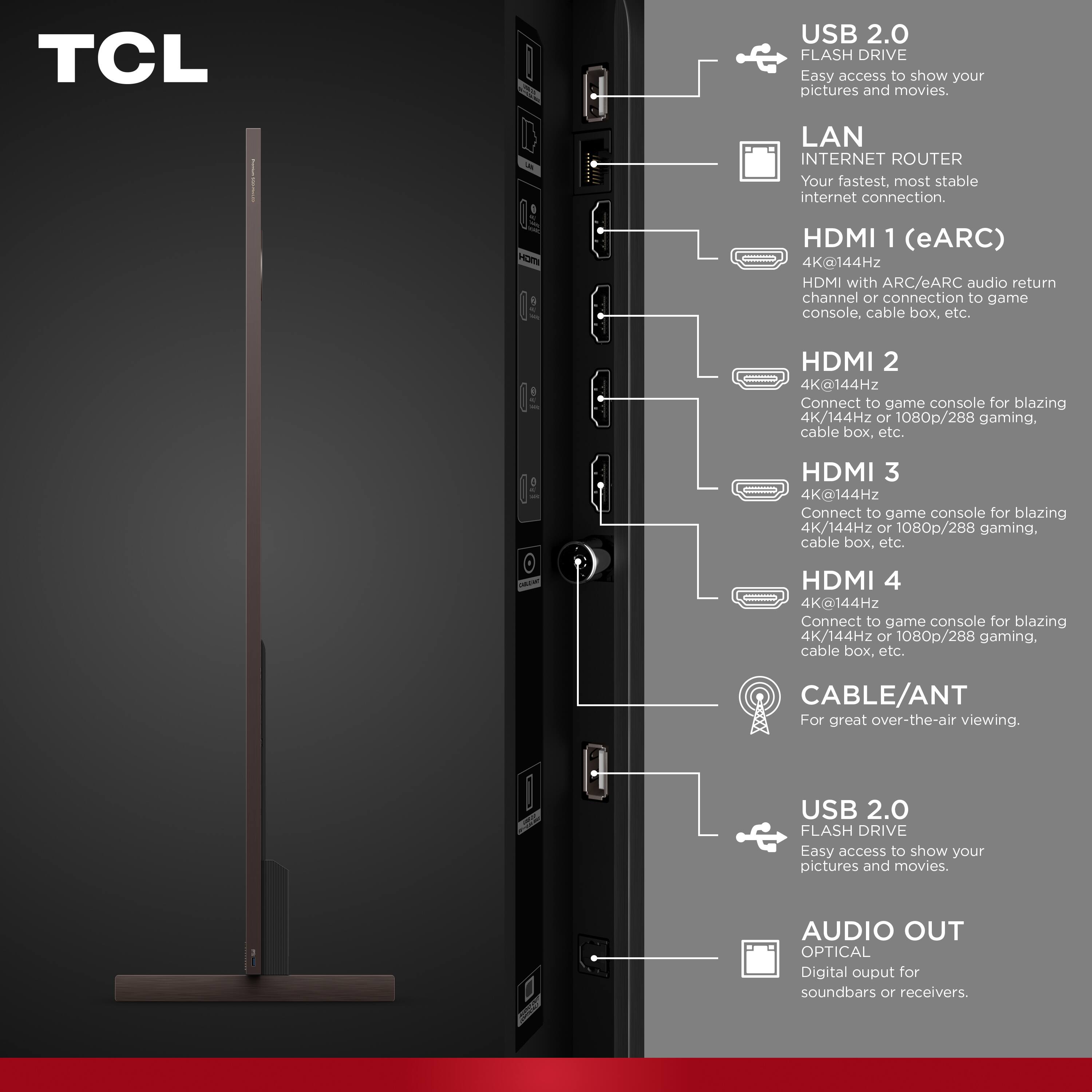 TCL USB 2.0 FLASH DRIVE  
Easy access to show your pictures and movies.  

LAN INTERNET ROUTER  
Your fastest, most stable internet connection.  

HDMI 1 (eARC)  
4K@144Hz HDMI with ARC/eARC audio return channel or connection to game console, cable box, etc.  

HDMI 2  
4K@144Hz Connect to game console for blazing 4K/144Hz or 1080p/288 gaming, cable box, etc.  

HDMI 3  
4K@144Hz Connect to game console for blazing 4K/144Hz or 1080p/288 gaming, cable box, etc.  

HDMI 4  
4K@144Hz Connect to game console for blazing 4K/144Hz or 1080p/288 gaming.  

CABLE/ANT  
For great over-the-air viewing.  

USB 2.0 FLASH DRIVE  
Easy access to show your pictures and movies.  

AUDIO OUT OPTICAL  
Digital output for soundbars or receivers.