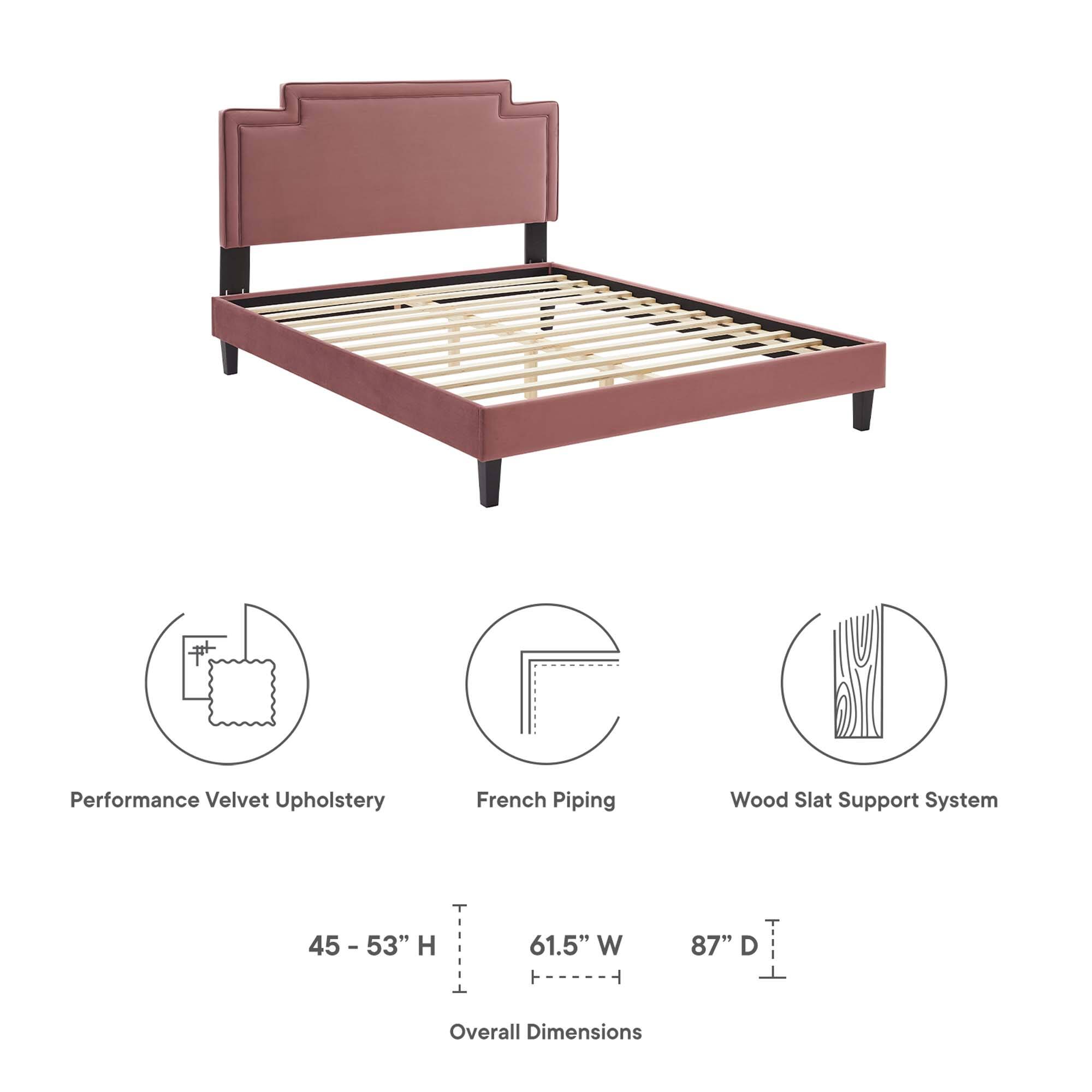 Performance Velvet Upholstery  
French Piping  
Wood Slat Support System  

Overall Dimensions:  
Height: 45" - 53"  
Width: 61.5"  
Depth: 87"