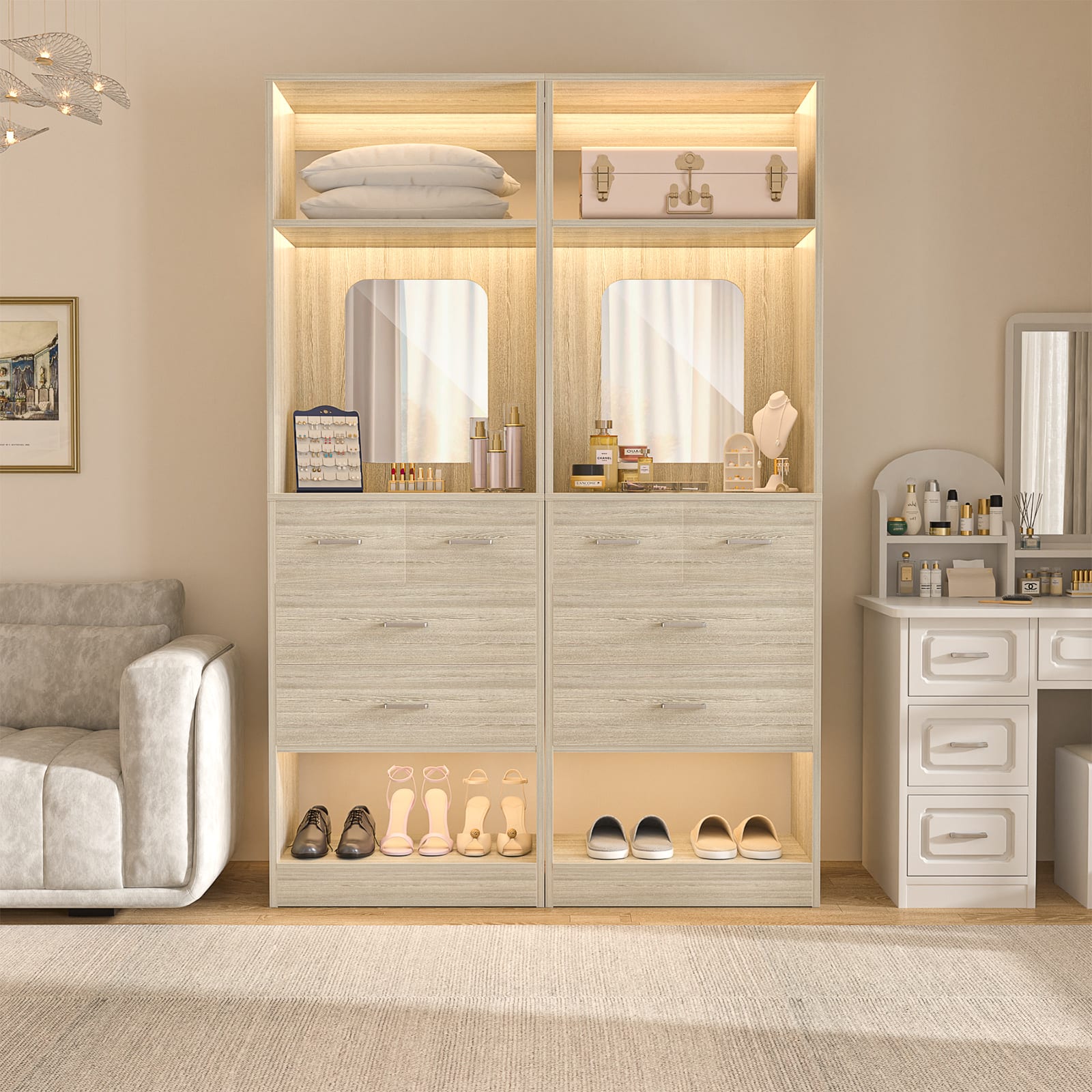 Aheaplus - 4.2FT Heavy Duty Wardrobe System with 8 Drawers and Mirrors, Modular Closet System for Closet/Bedroom, Sturdy & Stable - Beige Oak price history on PriceWatchPro