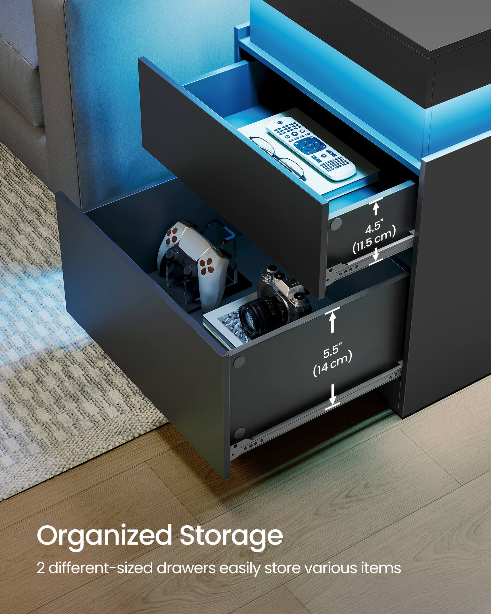 Organized Storage  
2 different-sized drawers easily store various items