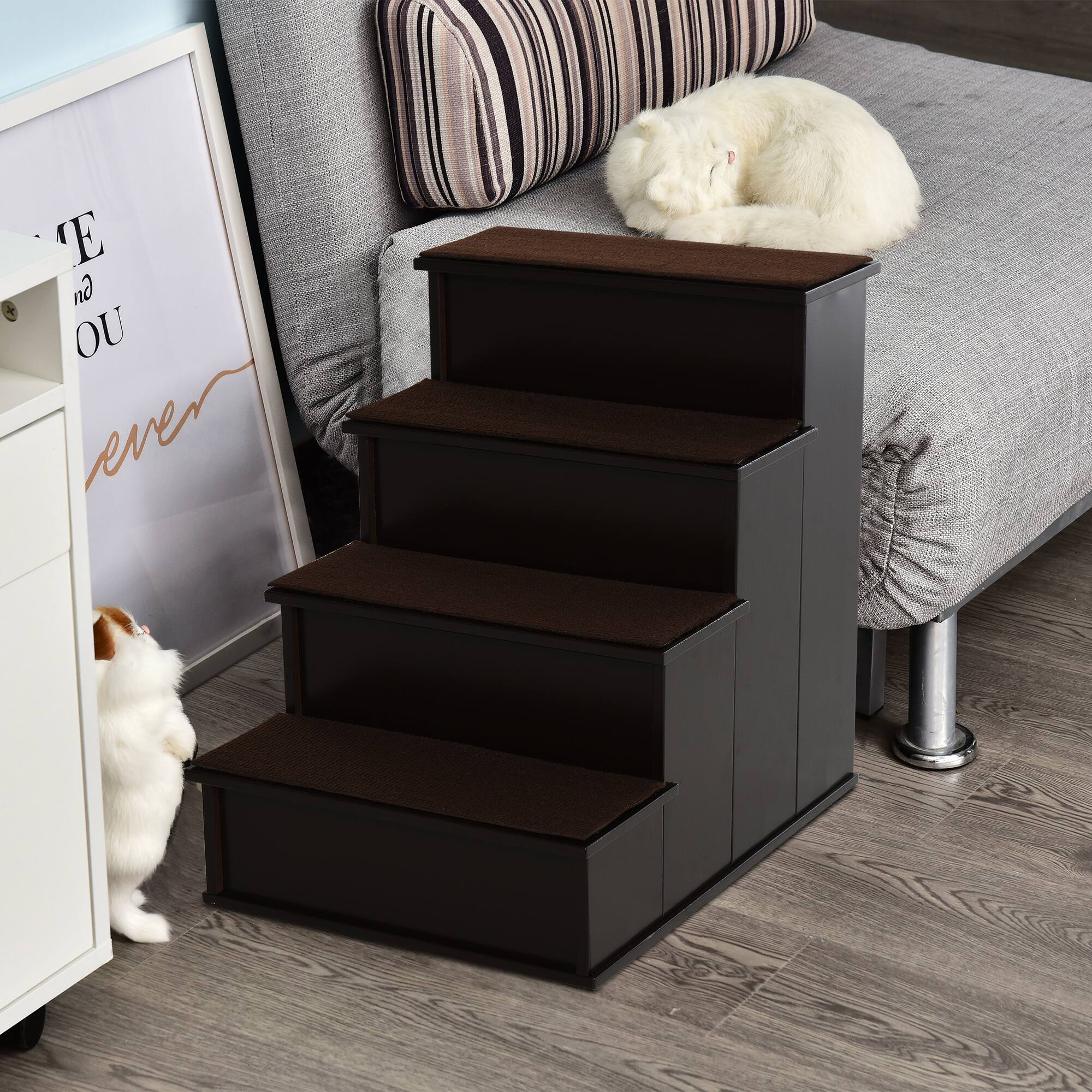 Angle. Pawhut - Pet Stairs, Small Pet Steps with Cushioned Removable Covering for Dogs and Cats Up To 22 lbs. - Coffee.