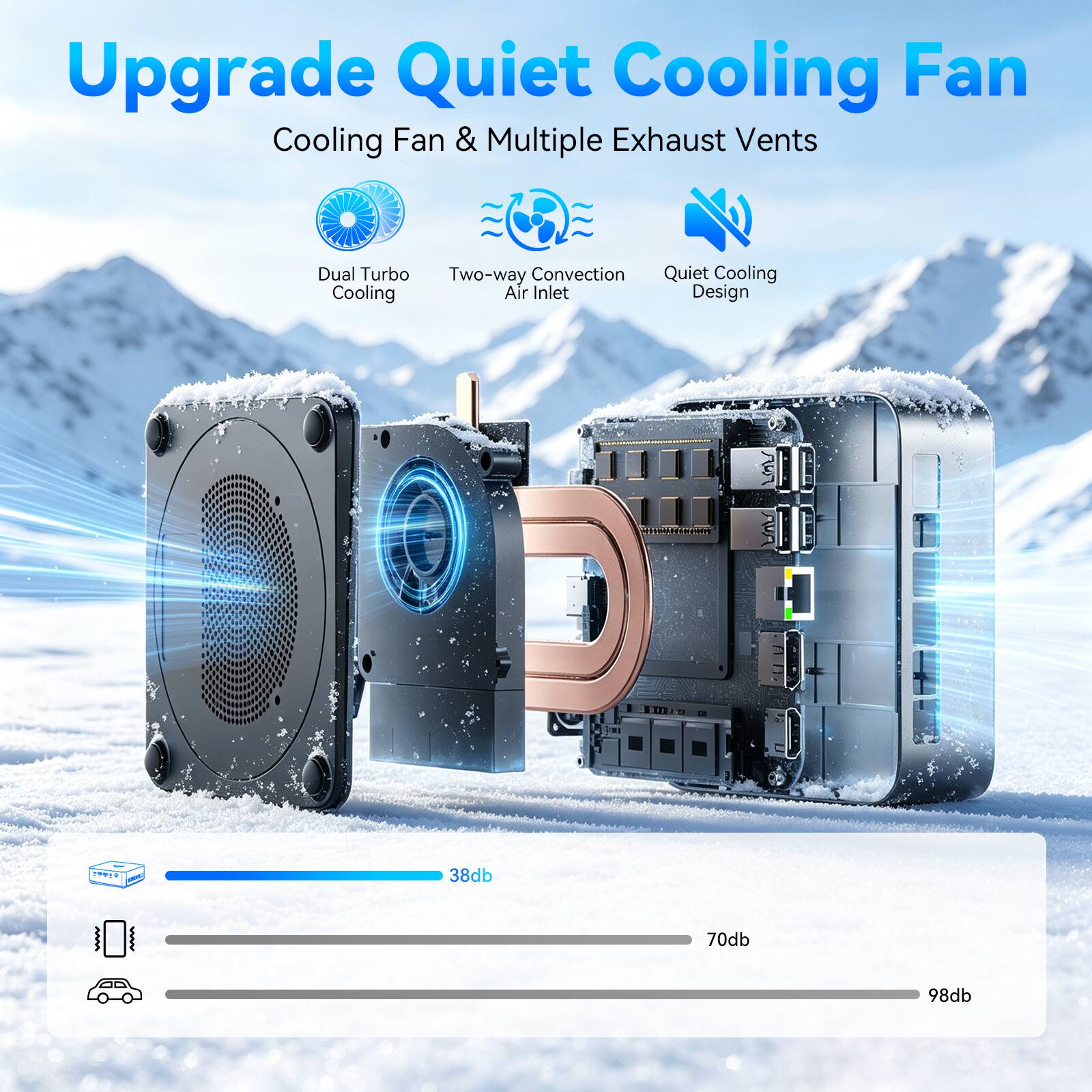 Upgrade Quiet Cooling Fan  
Cooling Fan & Multiple Exhaust Vents  
Dual Turbo Cooling  
Two-way Convection Air Inlet Design  
Quiet Cooling  
38db  
70db  
98db