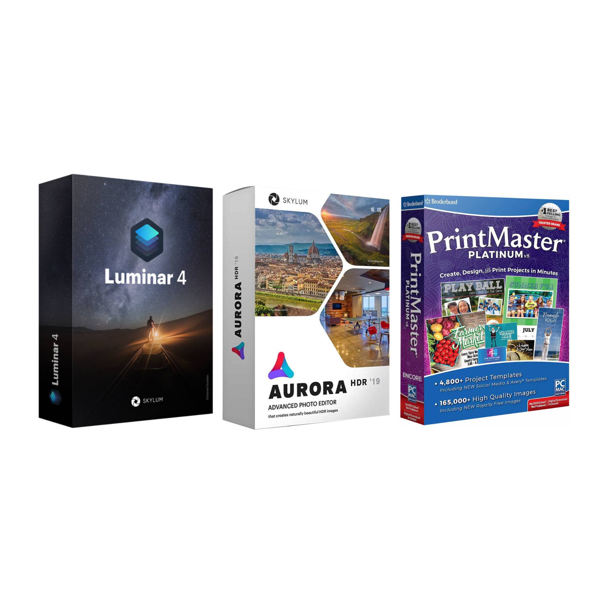 Luminar 4  
SKYLUM  

AURORA HDR '19  
ADVANCED PHOTO EDITOR  
that creates beautiful HDR images  

PrintMaster PLATINUM  
Create, Design, Print Projects in Minutes  

- 4,800+ Project Templates  
- 165,000+ High Quality Images  
- NEW! 4,800+ Social Media & Awesomes Templates  
- NEW! 165,000+ High Quality Images  

PLAY BALL  
ENCORE  
PC  

Broderbund