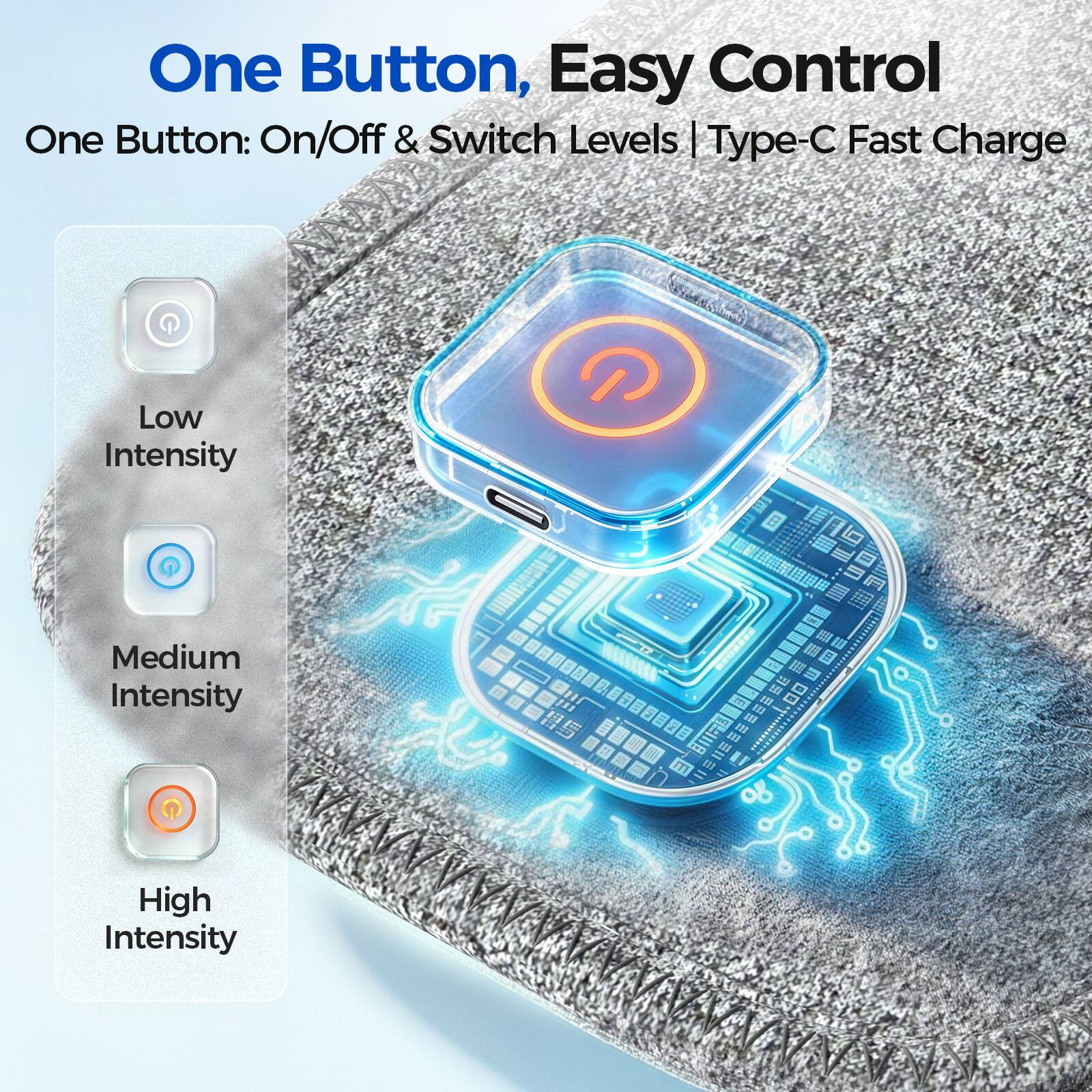 One Button, Easy Control  
One Button: On/Off & Switch Levels | Type-C Fast Charge  
Low Intensity  
Medium Intensity  
High Intensity