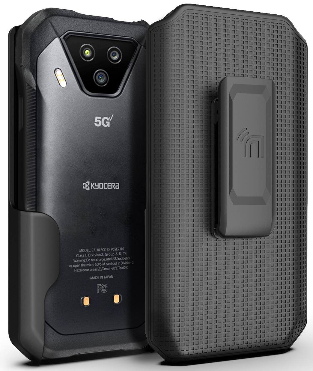 5G  
KYOCERA  
MODEL: E7110  
FCC ID: V6SE7110  
Division 2, Group A-D, T4 Class L  
Do not charge, use USB/audio jack  
Warning: micro SD/SIM card slot in Division 2 or open the 4  
Tamb:-20C To 60C  
Hazardous areas  
MADE IN JAPAN  
FC
