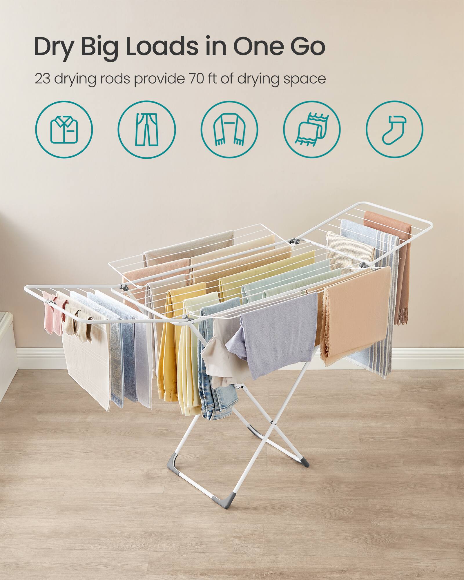 Dry Big Loads in One Go  
23 drying rods provide 70 ft of drying space