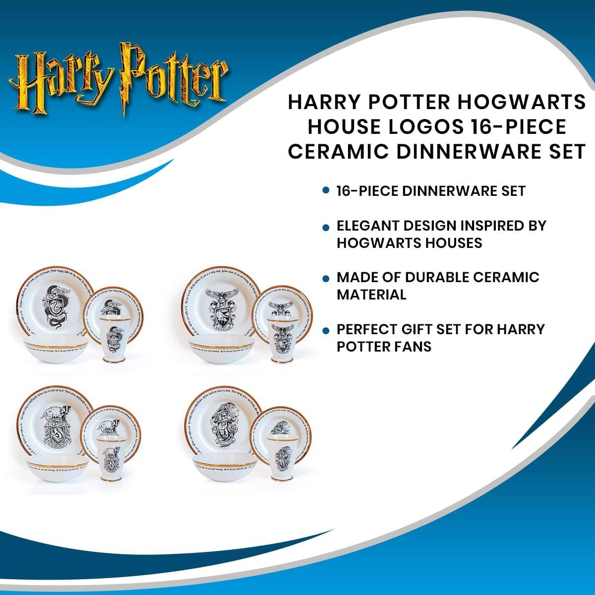 Harry Potter HARRY POTTER HOGWARTS HOUSE LOGOS 16-PIECE CERAMIC DINNERWARE SET

- 16-PIECE DINNERWARE SET
- ELEGANT DESIGN INSPIRED BY HOGWARTS HOUSES
- MADE OF DURABLE CERAMIC MATERIAL
- PERFECT GIFT SET FOR HARRY POTTER FANS