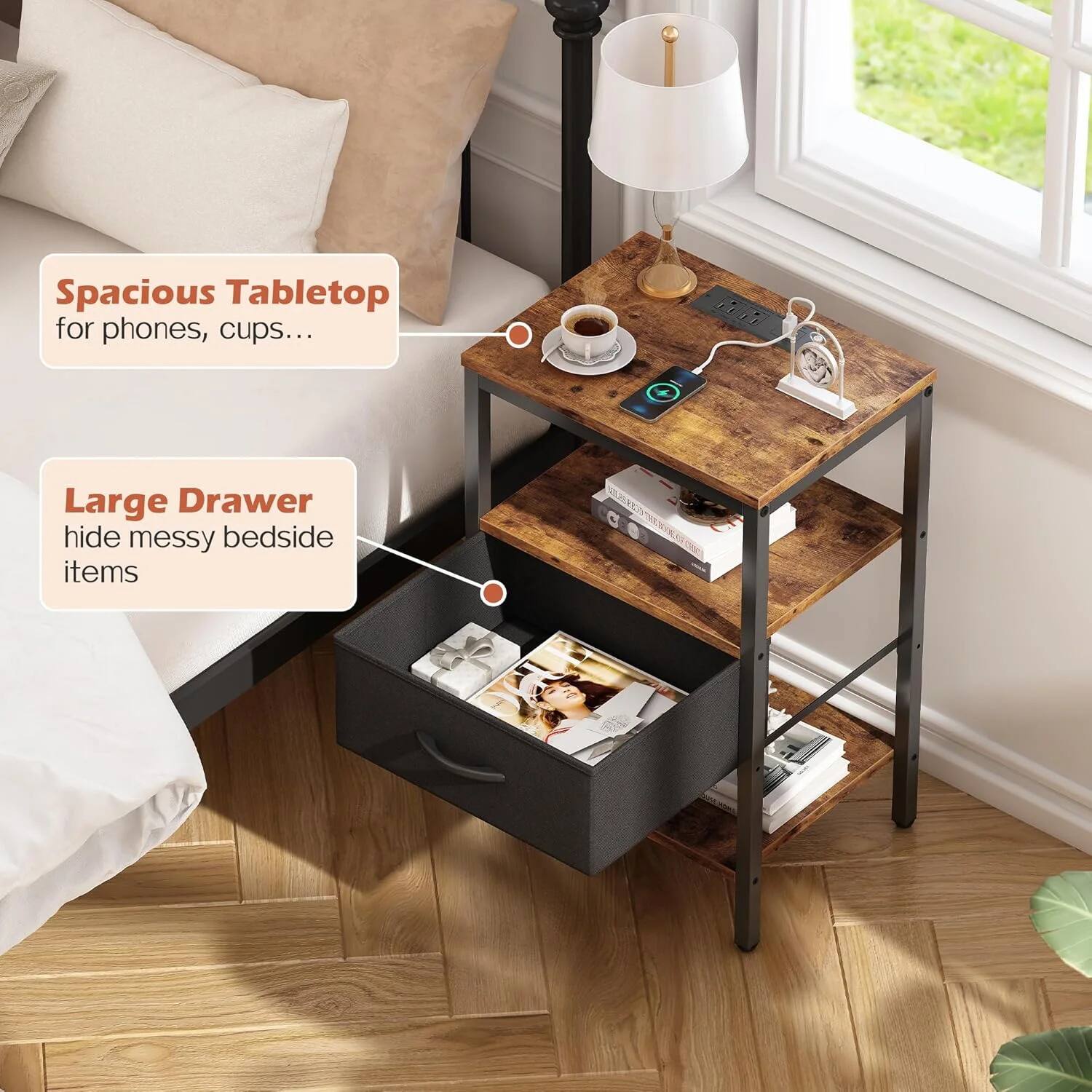 Spacious Tabletop for phones, cups...

Large Drawer hide messy bedside items