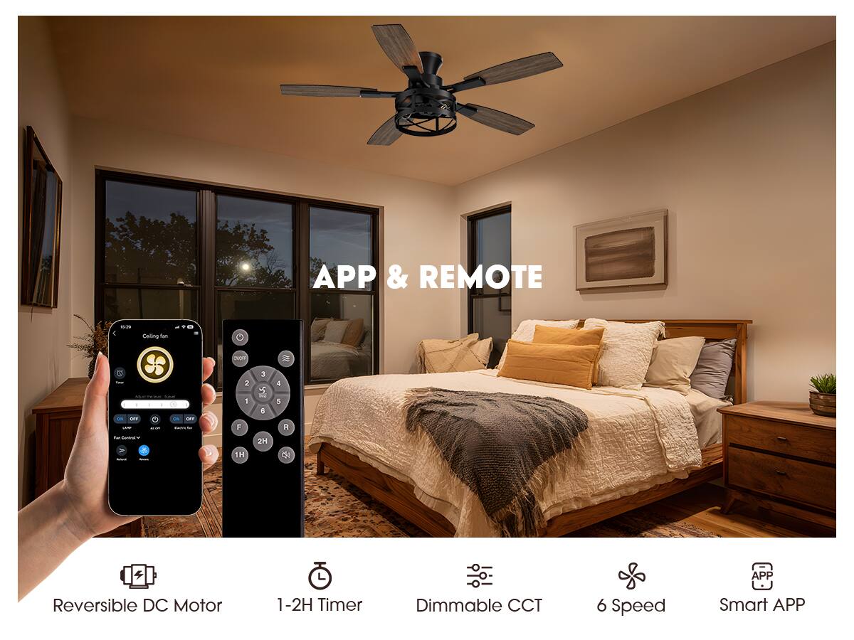 APP & REMOTE

Reversible DC Motor  
1-2H Timer  
Dimmable CCT  
6 Speed  
Smart APP
