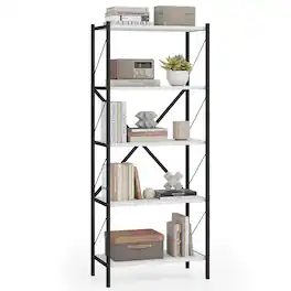 Costway - 1 PCS 5-Tier Tall Bookshelf, Industrial Bookcase with Heavy-Duty Metal Frame for Home - White