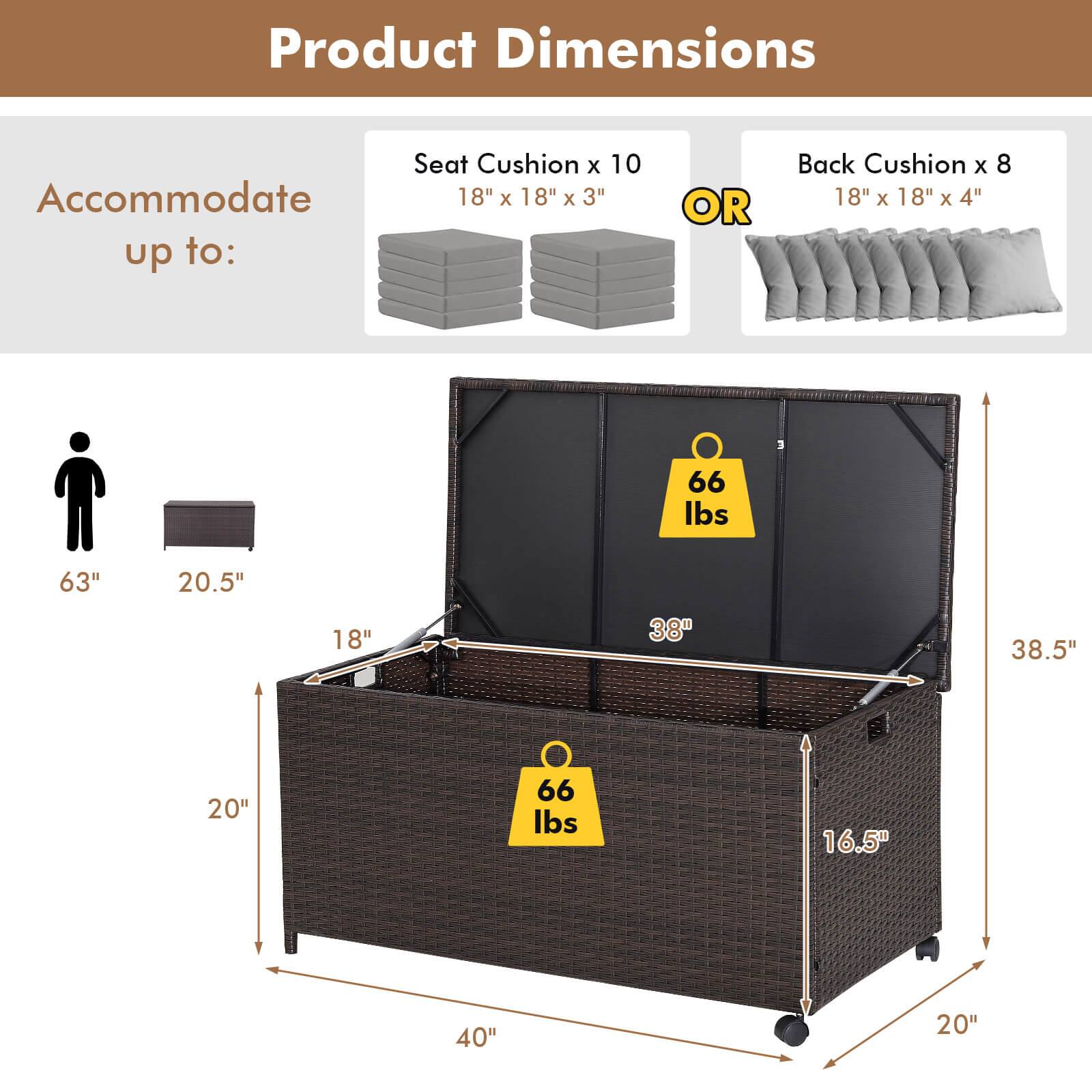 Product Dimensions  
Accommodate up to:  
Seat Cushion x 10  
18" x 18" x 3"  
OR  
Back Cushion x 8  
18" x 18" x 4"  

66 lbs  
63"  
20.5"  
18"  
38"  
38.5"  
20"  
66 lbs  
16.5"  
40"  
20"