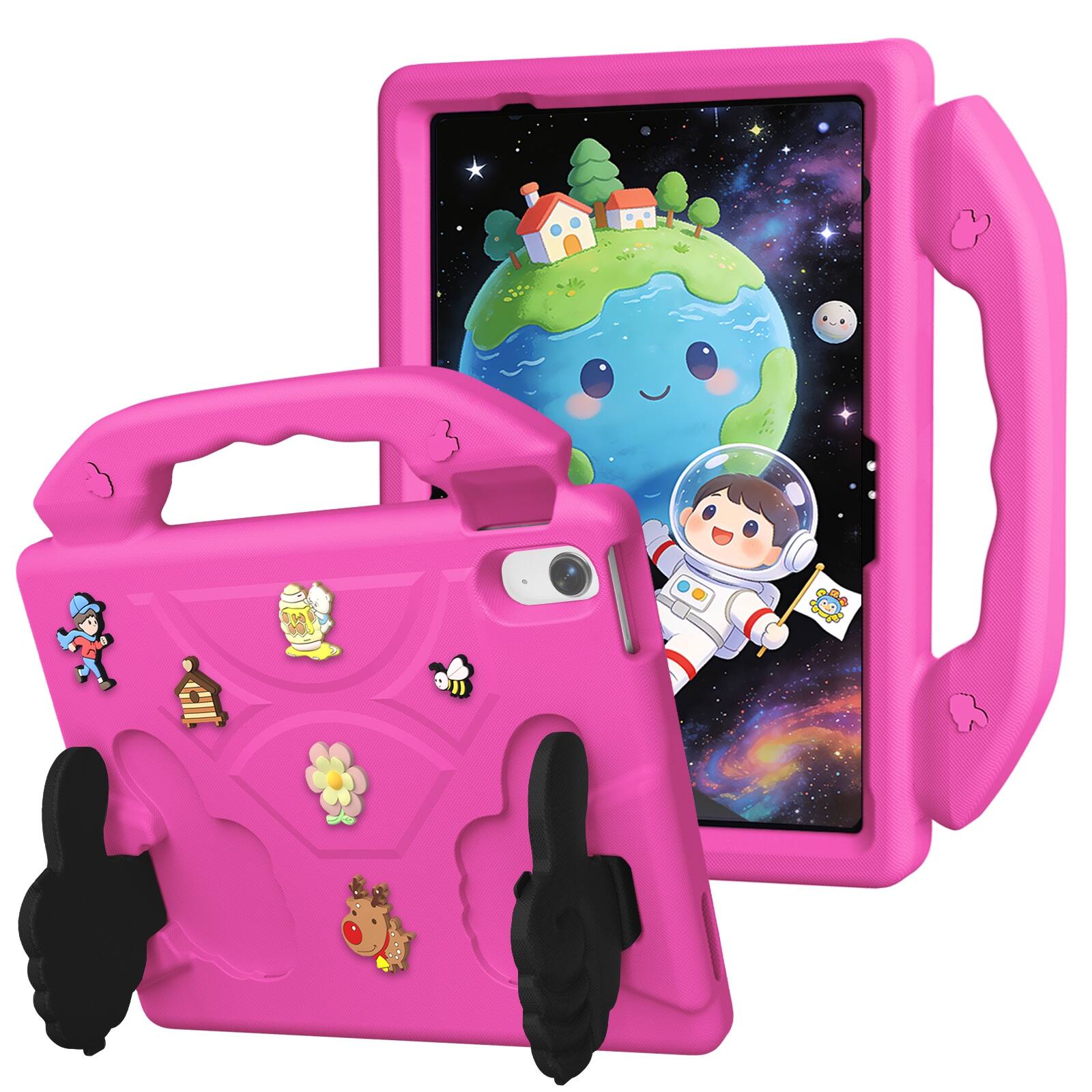 Angle. UUCOVER - Kids Case for iPad (A16) 11-inch 2025 / iPad 10th Gen 2022 Cute Shockproof EVA Handle Stand Anti-Slip Protective Cover - Rose.