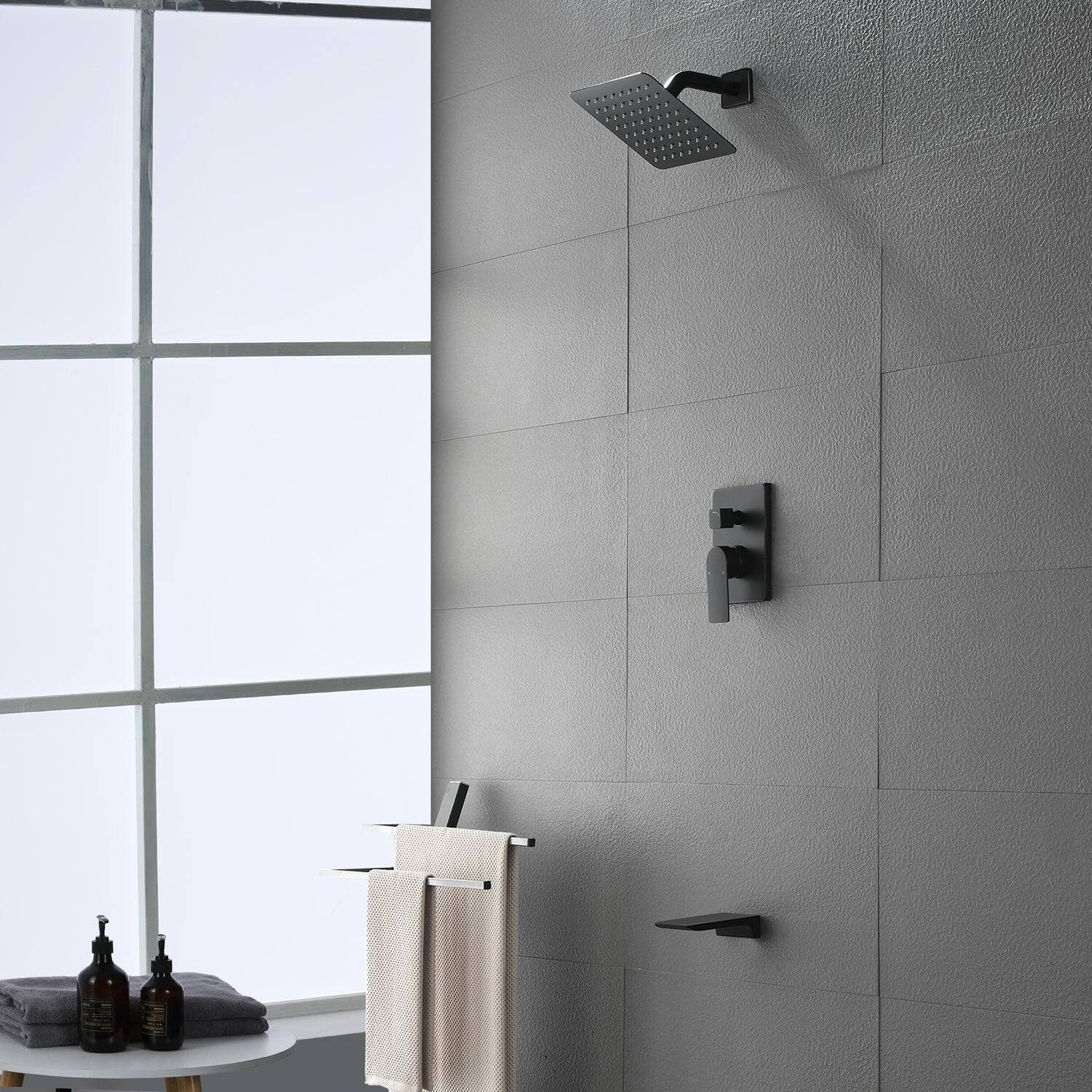 Alt View 3. Boyel Living - Black Shower Set 2-Function Brass Pressure Balance Valve cUPC 8 Inch SUS304 Top Spray Waterfall Spout Dual Water Outlet - Matte Black.