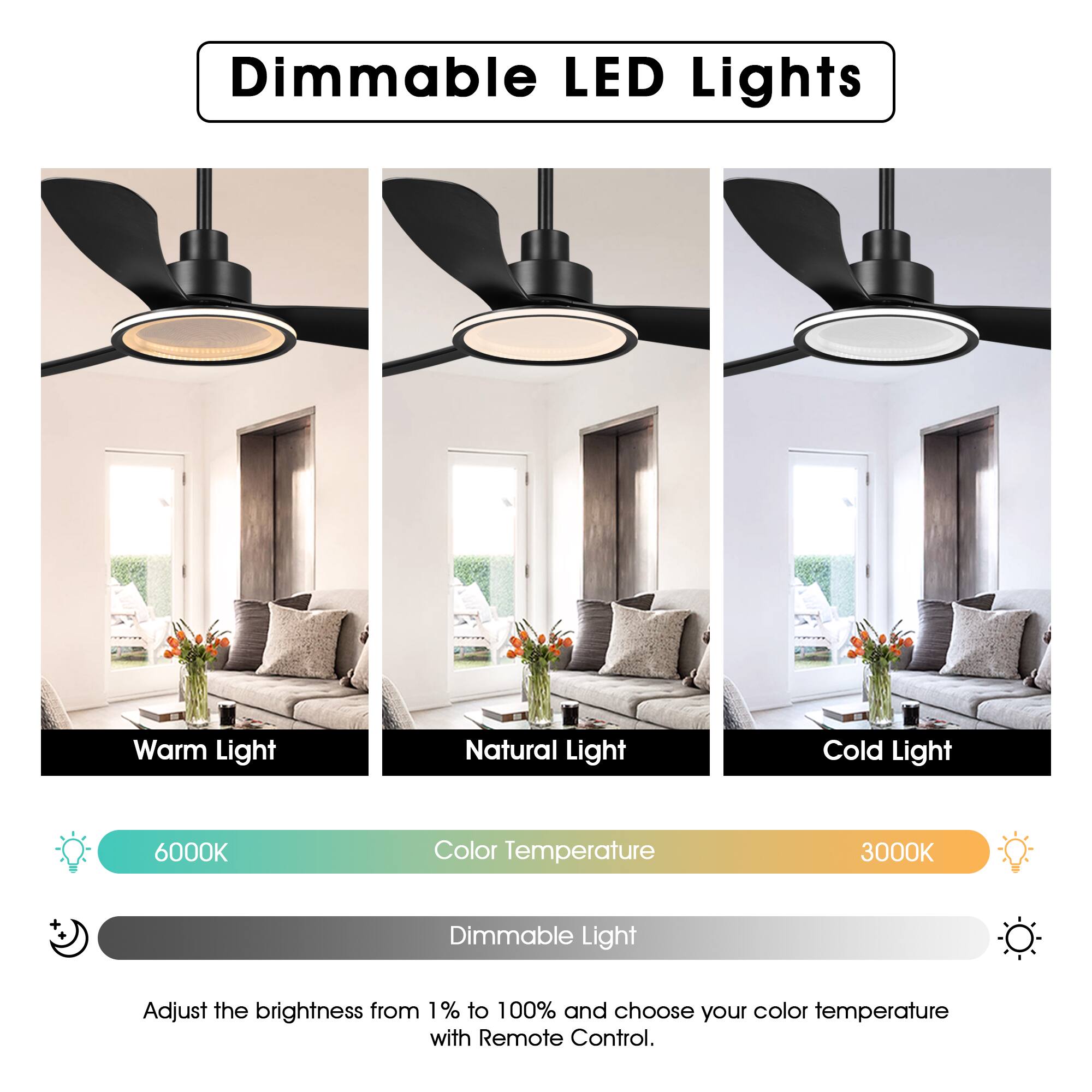 Dimmable LED Lights

Warm Light | Natural Light | Cold Light

Color Temperature: 6000K | 3000K

Dimmable Light

Adjust the brightness from 1% to 100% and choose your color temperature with Remote Control.