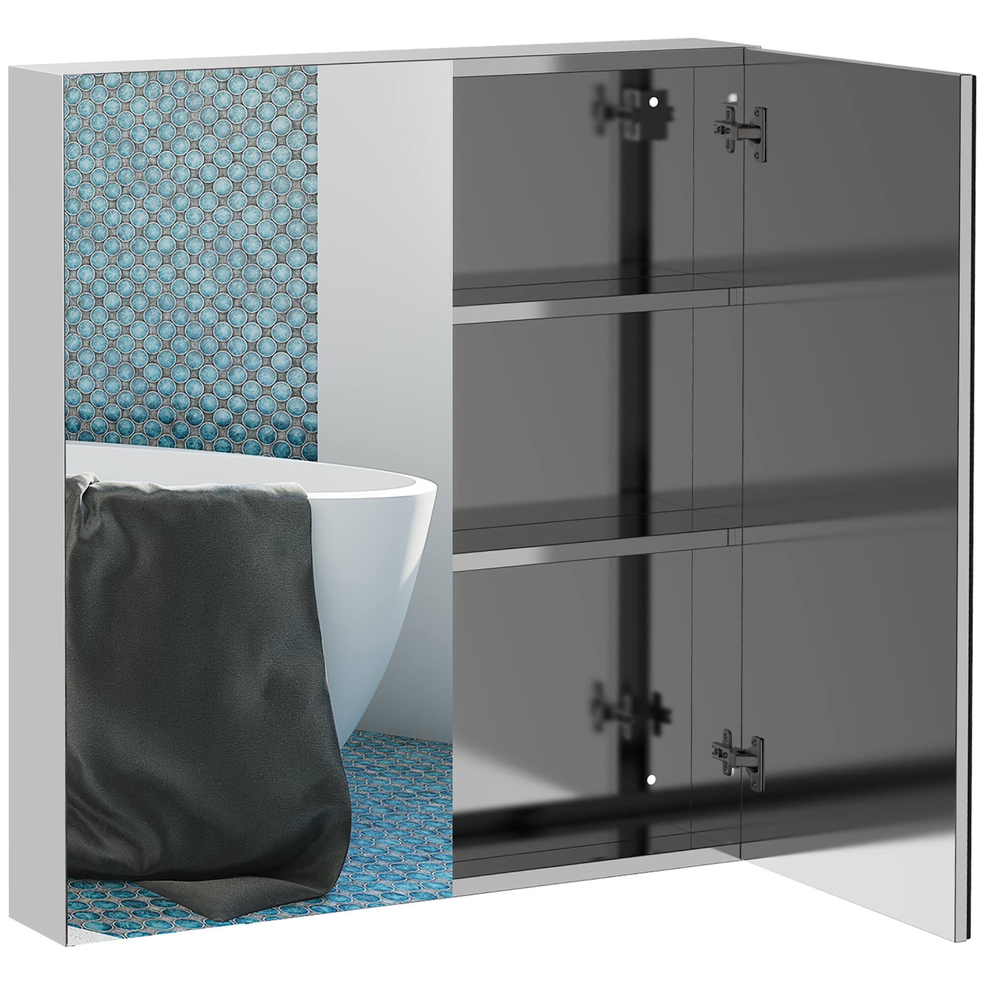 Kleankin - Bathroom Mirrored Cabinet, 24"x26" Stainless Steel Frame Medicine Cabinet, Wall-Mounted Storage Organizer - Silver