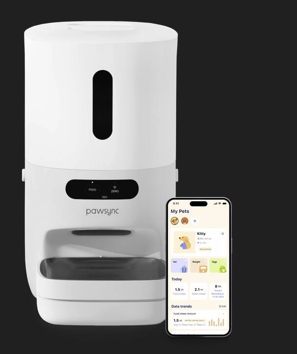 FEED JERO 356 pawsync 9:41 My Pets  
+ Kitty Not wet - - to 3m Abunsinian WwT  
Weight Tage Today 1.5 - Food viiae 2.1 - Water intaka Be Wright Recording - P 1-20-2013  
Data trends 0 Da Food Amount 1.5 - perdes pende perd Ag . RloS Au in Paleys A.